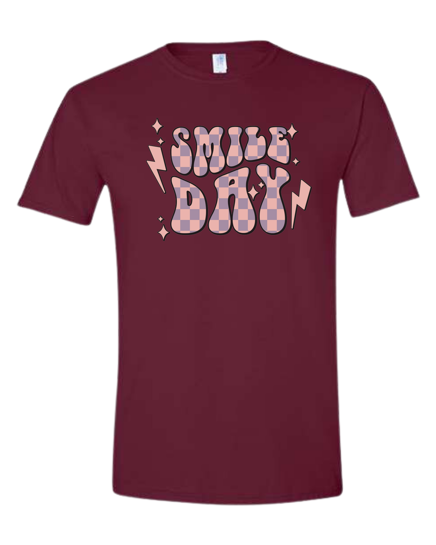 Groovy font large "SMILE DAY" graphic Unisex crew-neck graphic tee Maroon