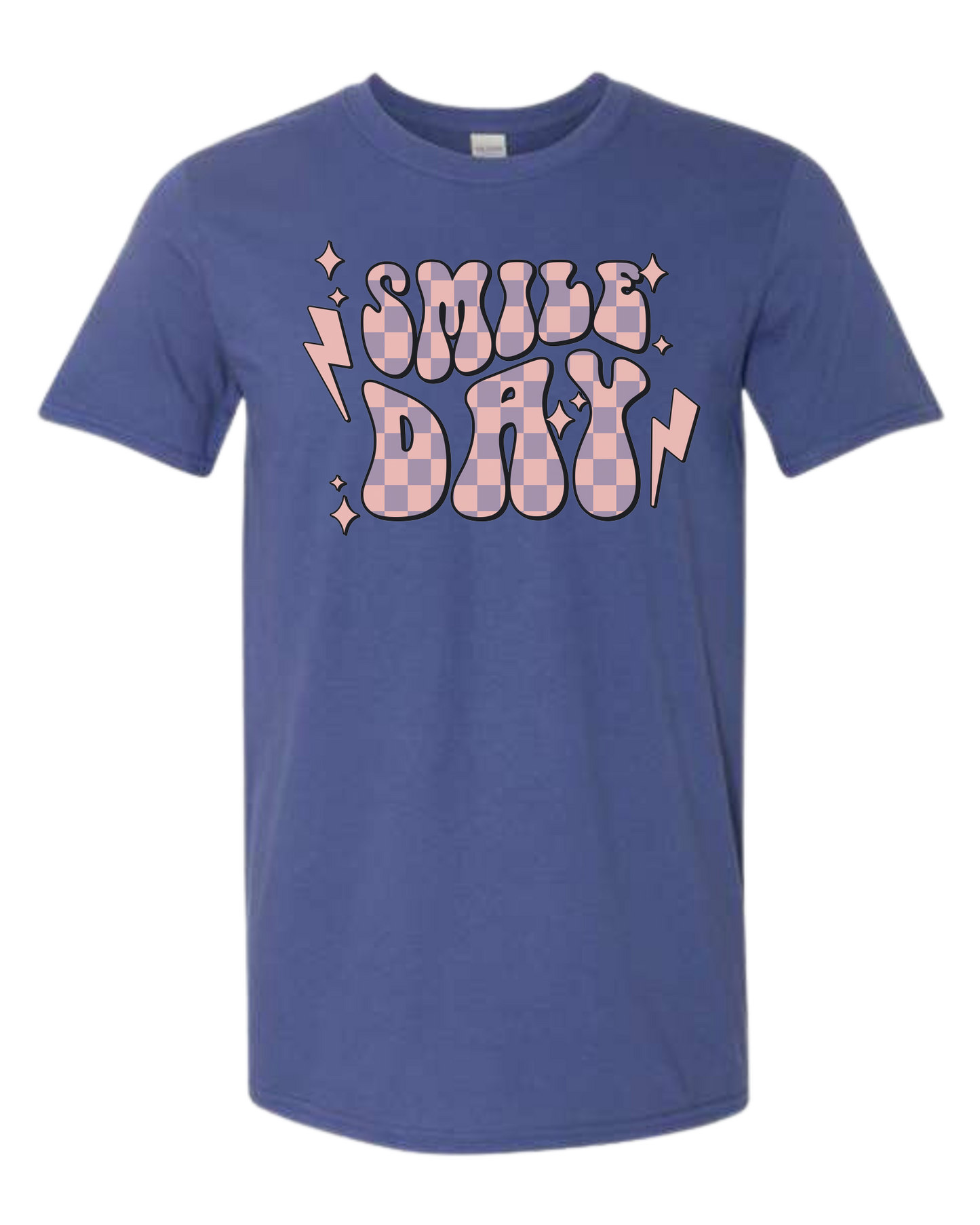 Groovy font large "SMILE DAY" graphic Unisex crew-neck graphic tee Metro Blue