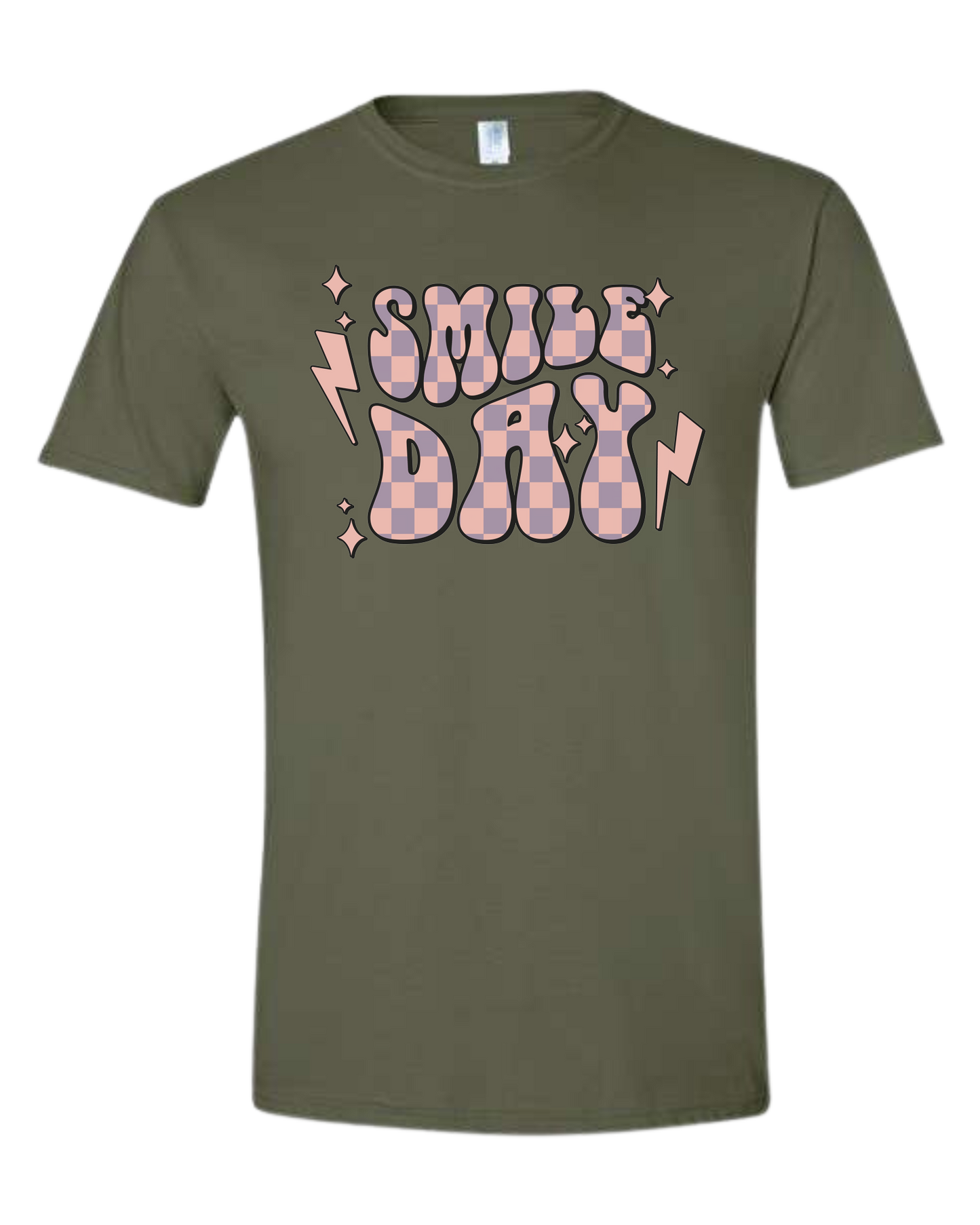 Groovy font large "SMILE DAY" graphic Unisex crew-neck graphic tee Military Green