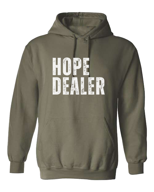 HOPE DEALER distressed font graphic tee Unisex Classic Hoodie Military Green