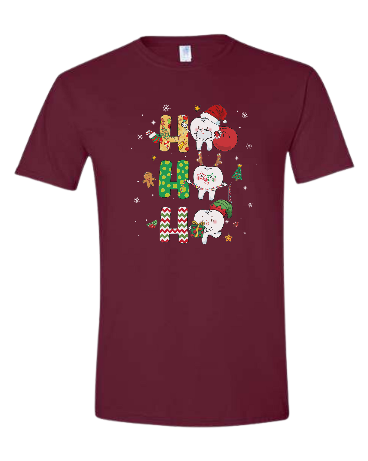 "HO HO HO" cute Christmas teeth design Unisex crew-neck graphic tee Maroon