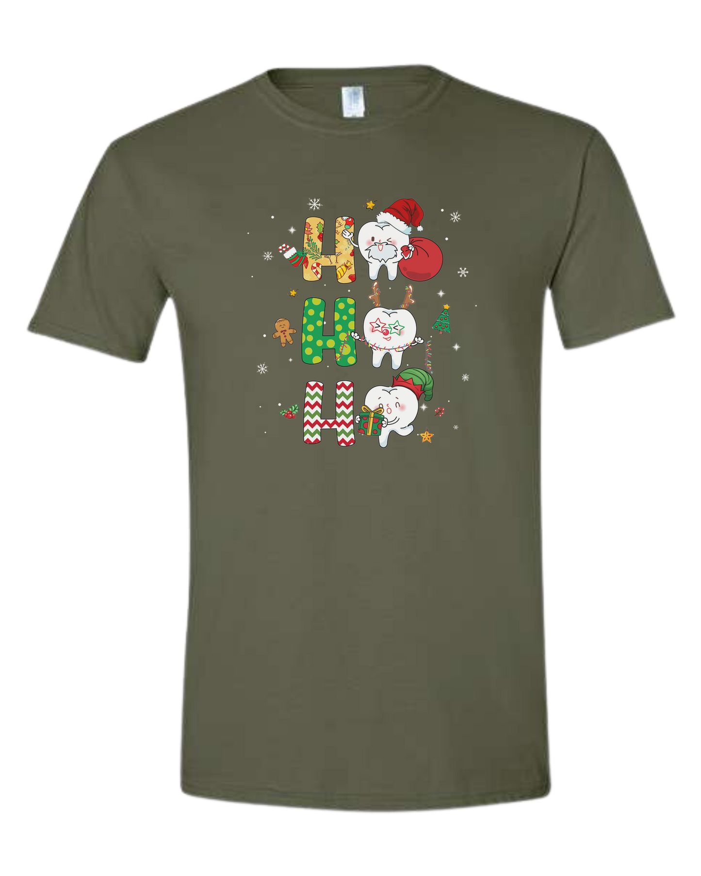 "HO HO HO" cute Christmas teeth design Unisex crew-neck graphic tee Military Green