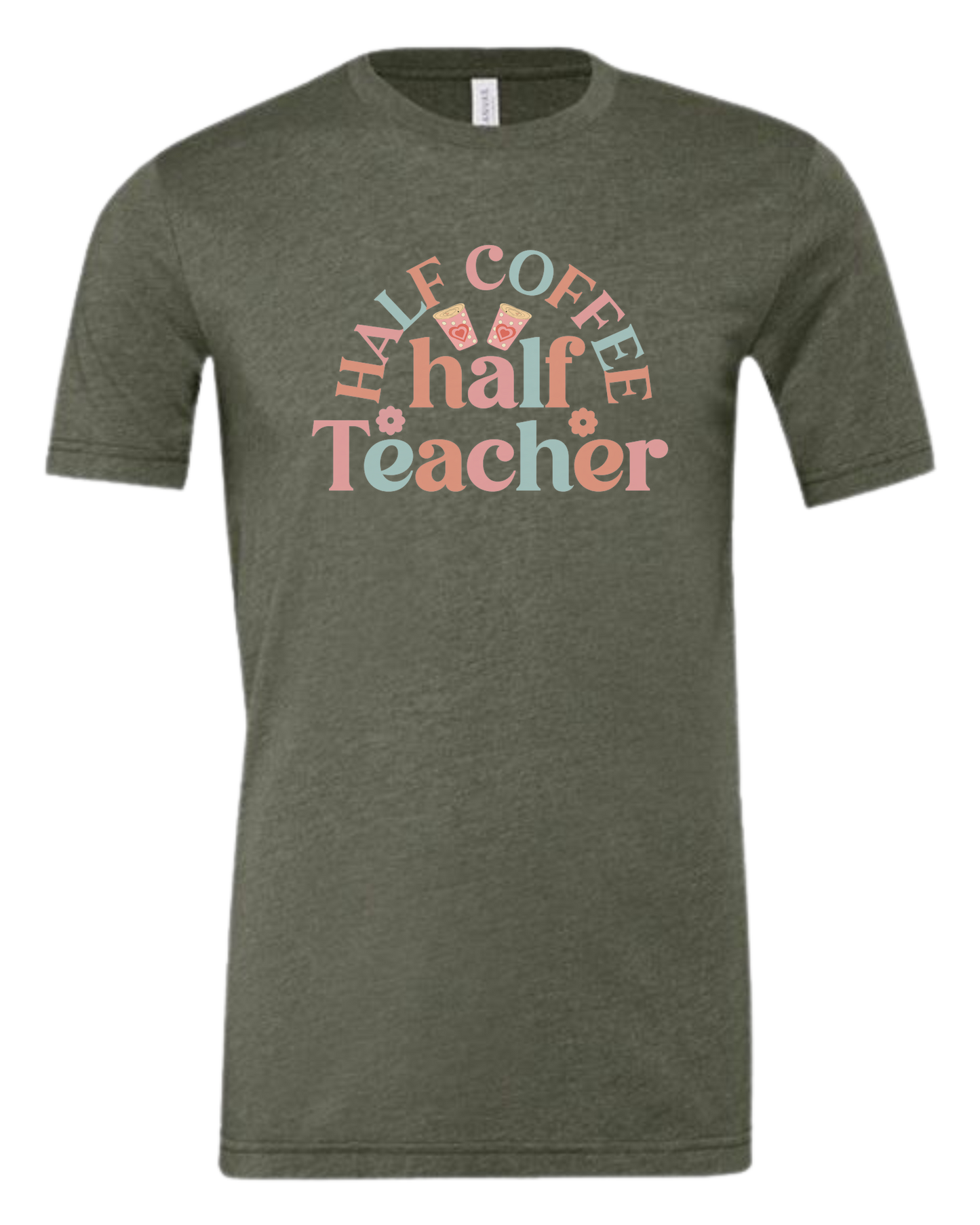 "Half Coffee, Half Teacher" pastel text design Premium unisex crewneck tee Military Green