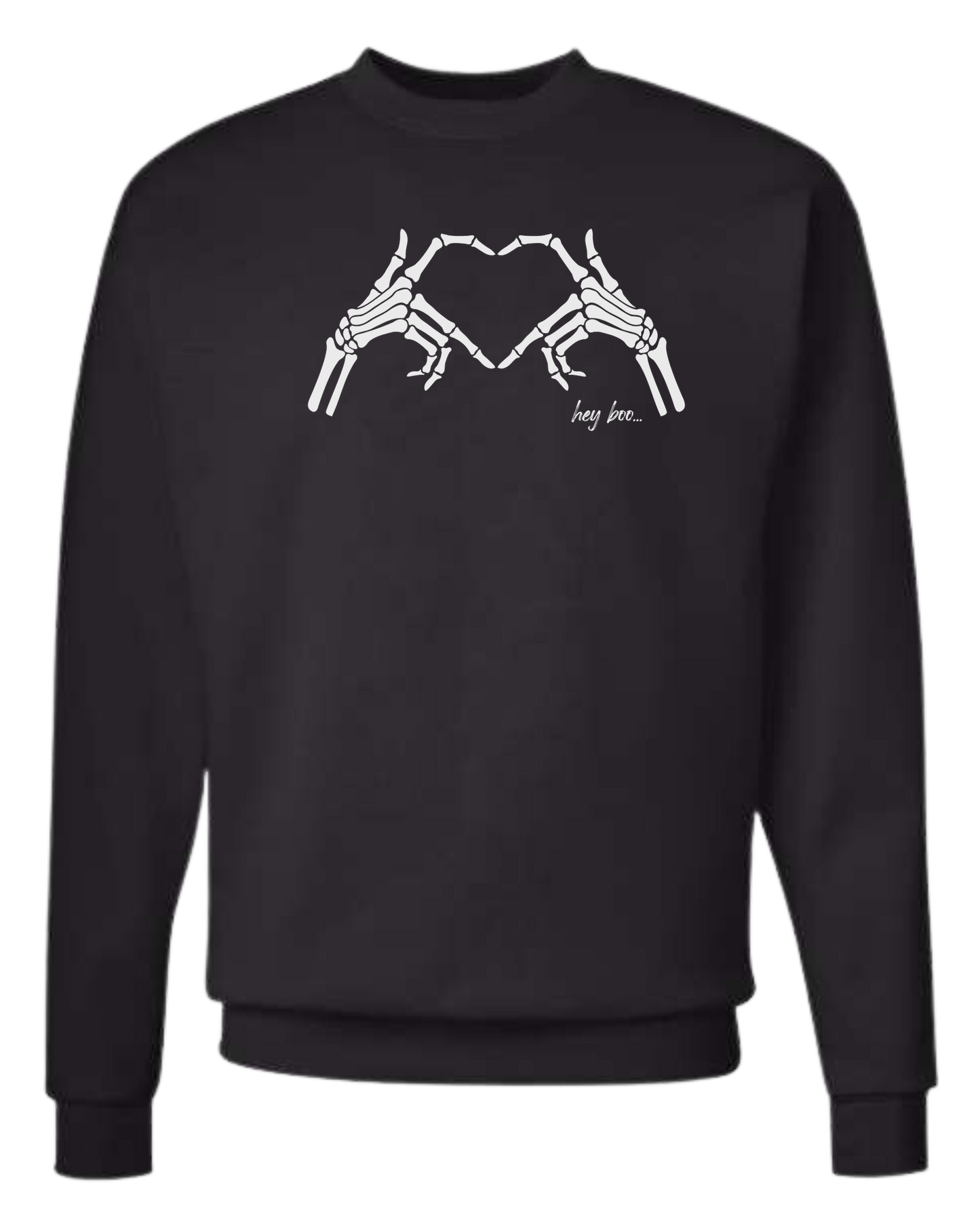 "Hey Boo" Skeleton Hands forming a heart Classic unisex crewneck sweatshirt Black