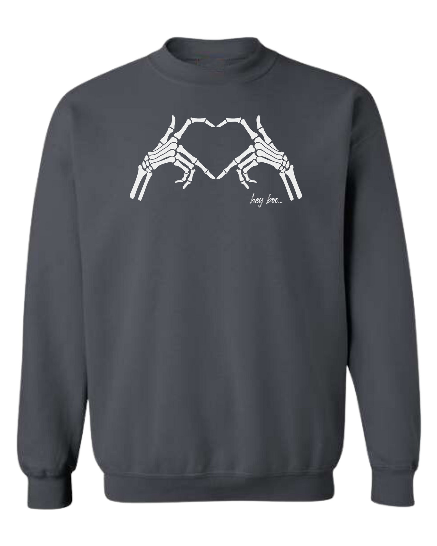 "Hey Boo" Skeleton Hands forming a heart Classic unisex crewneck sweatshirt Dark Grey