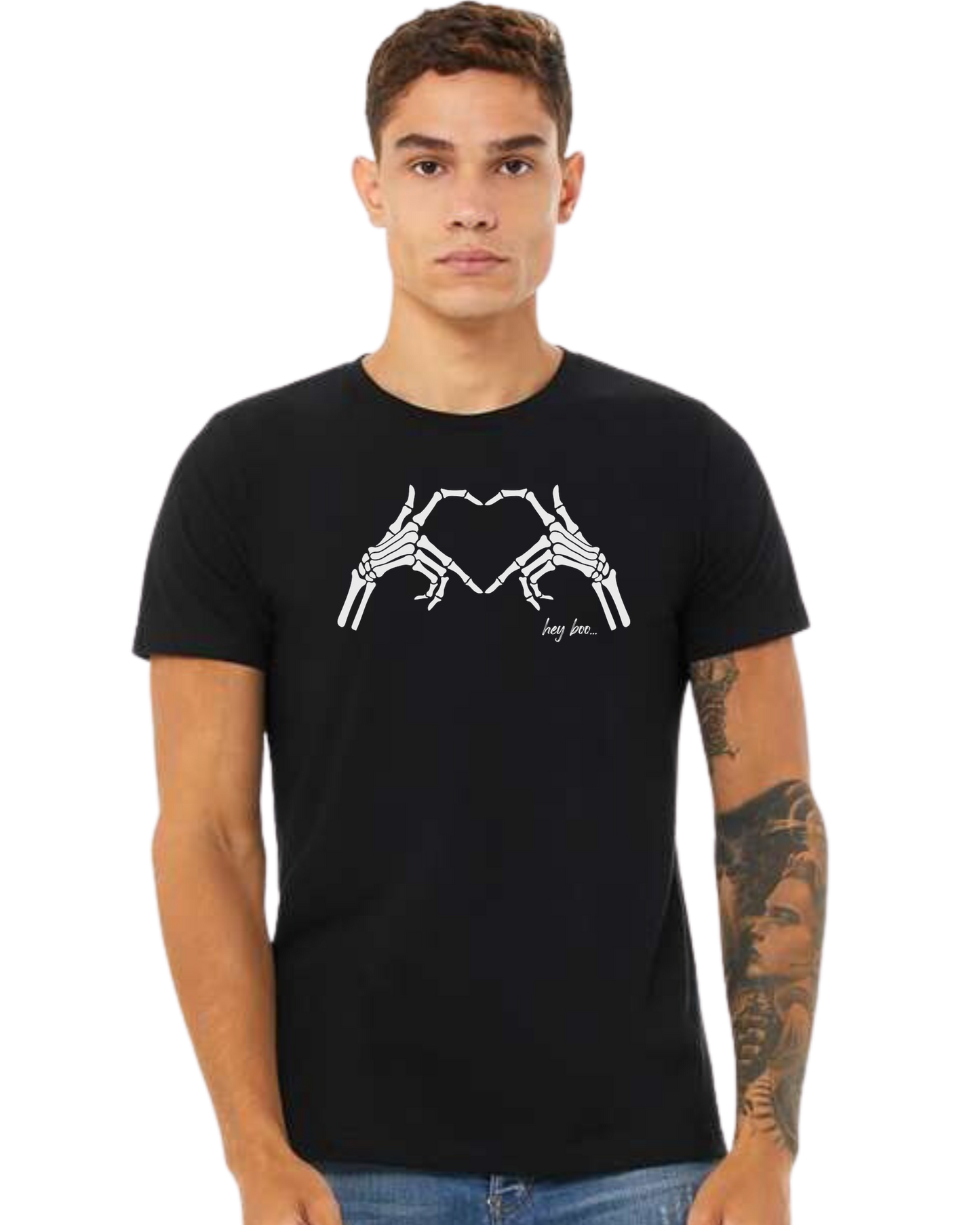 "Hey Boo" Skeleton Hands forming a heart Premium unisex crewneck tee Black
