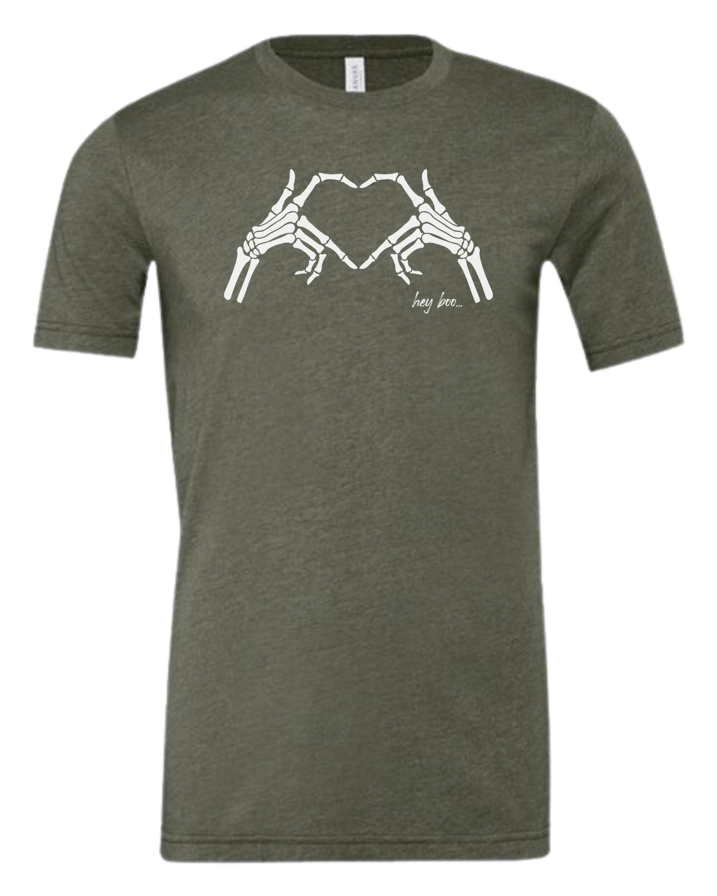 "Hey Boo" Skeleton Hands forming a heart Premium unisex crewneck tee Military Green