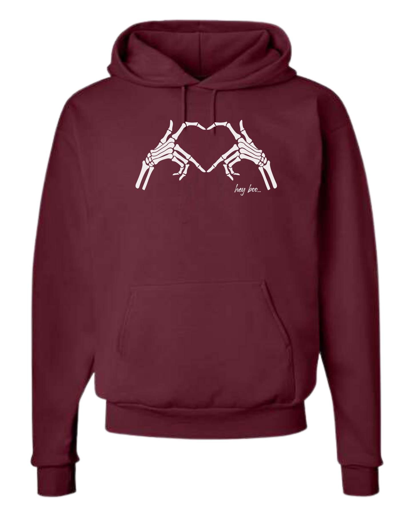 "Hey Boo" Skeleton Hands forming a heart Unisex Classic Hoodie Maroon