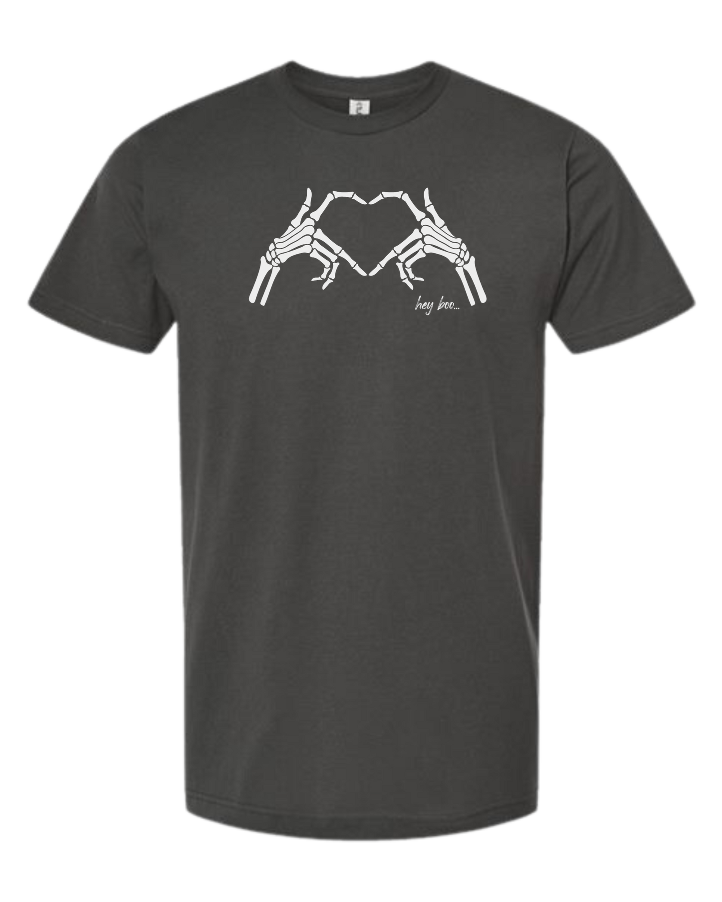 "Hey Boo" Skeleton Hands forming a heart Unisex crew-neck graphic tee Charcoal Grey