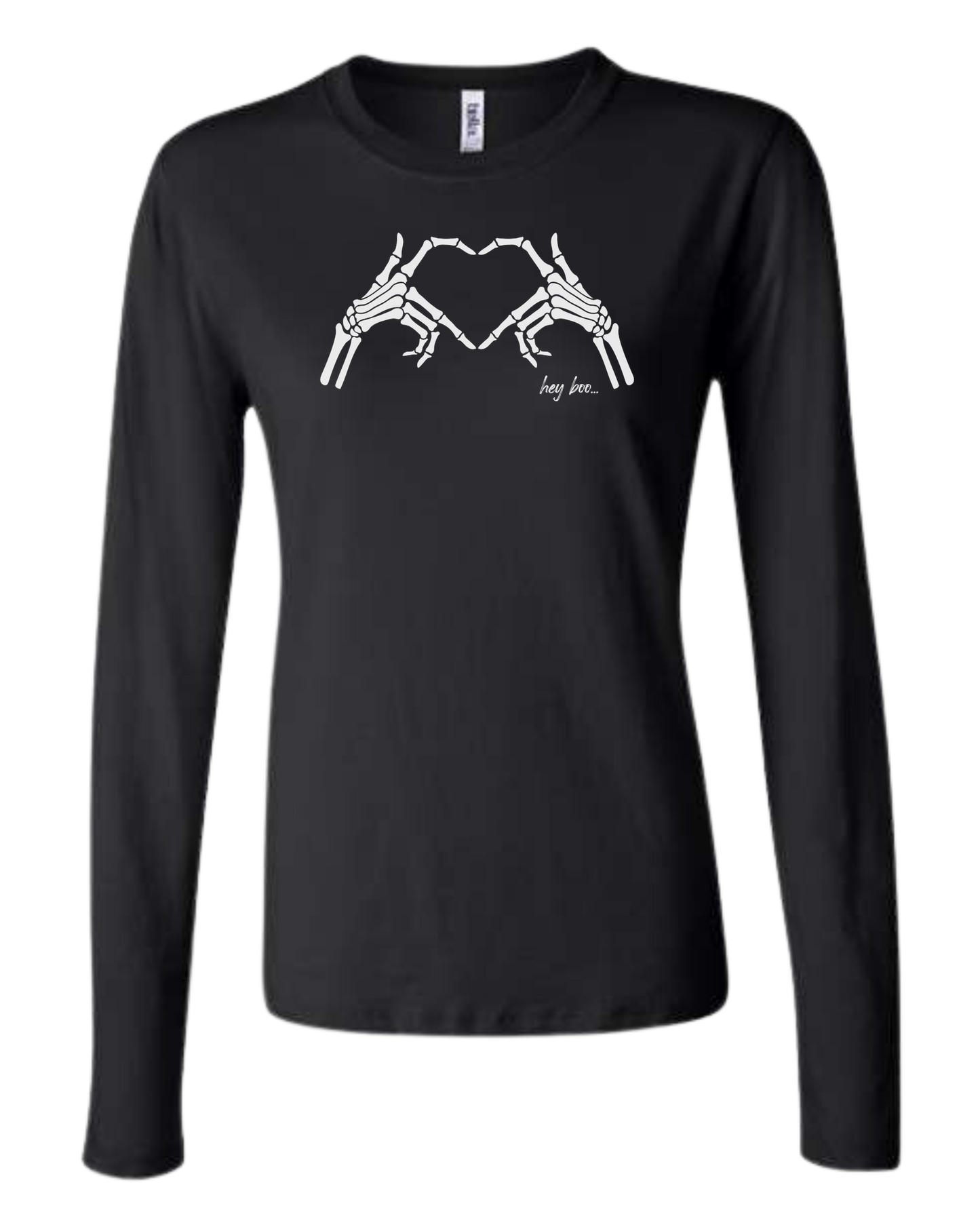 "Hey Boo" Skeleton Hands forming a heart Women's fit crewneck long sleeve fit Black