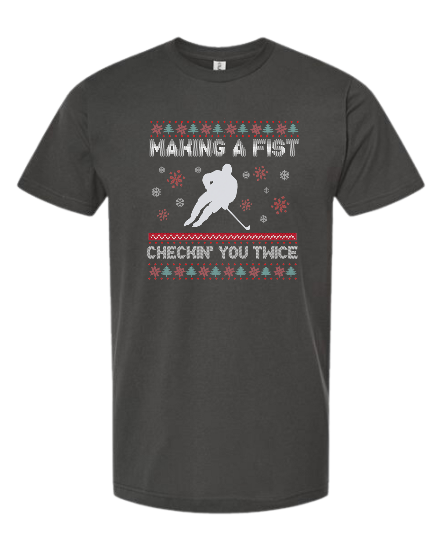 Hockey Christmas Sweater "Makin' a Fist, Checkin' you Twice" graphic Unisex crew-neck graphic tee Charcoal Grey