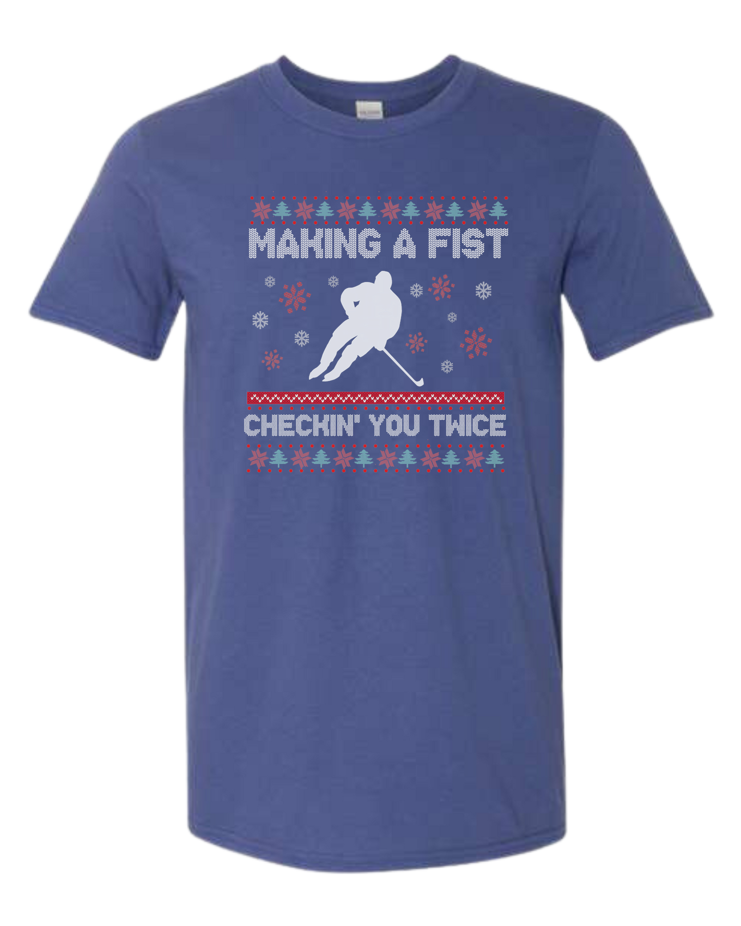 Hockey Christmas Sweater "Makin' a Fist, Checkin' you Twice" graphic Unisex crew-neck graphic tee Metro Blue