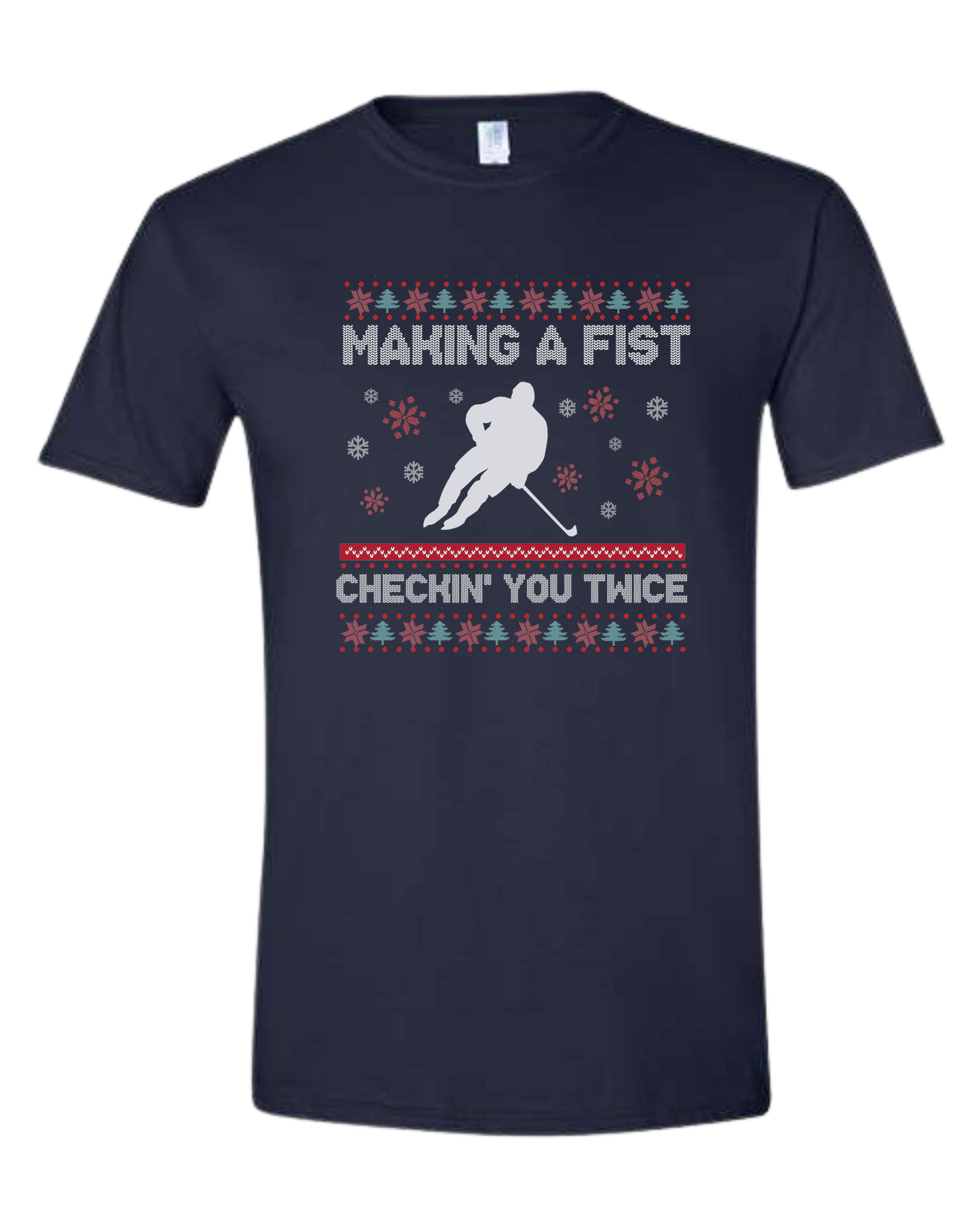 Hockey Christmas Sweater "Makin' a Fist, Checkin' you Twice" graphic Unisex crew-neck graphic tee Navy Blue