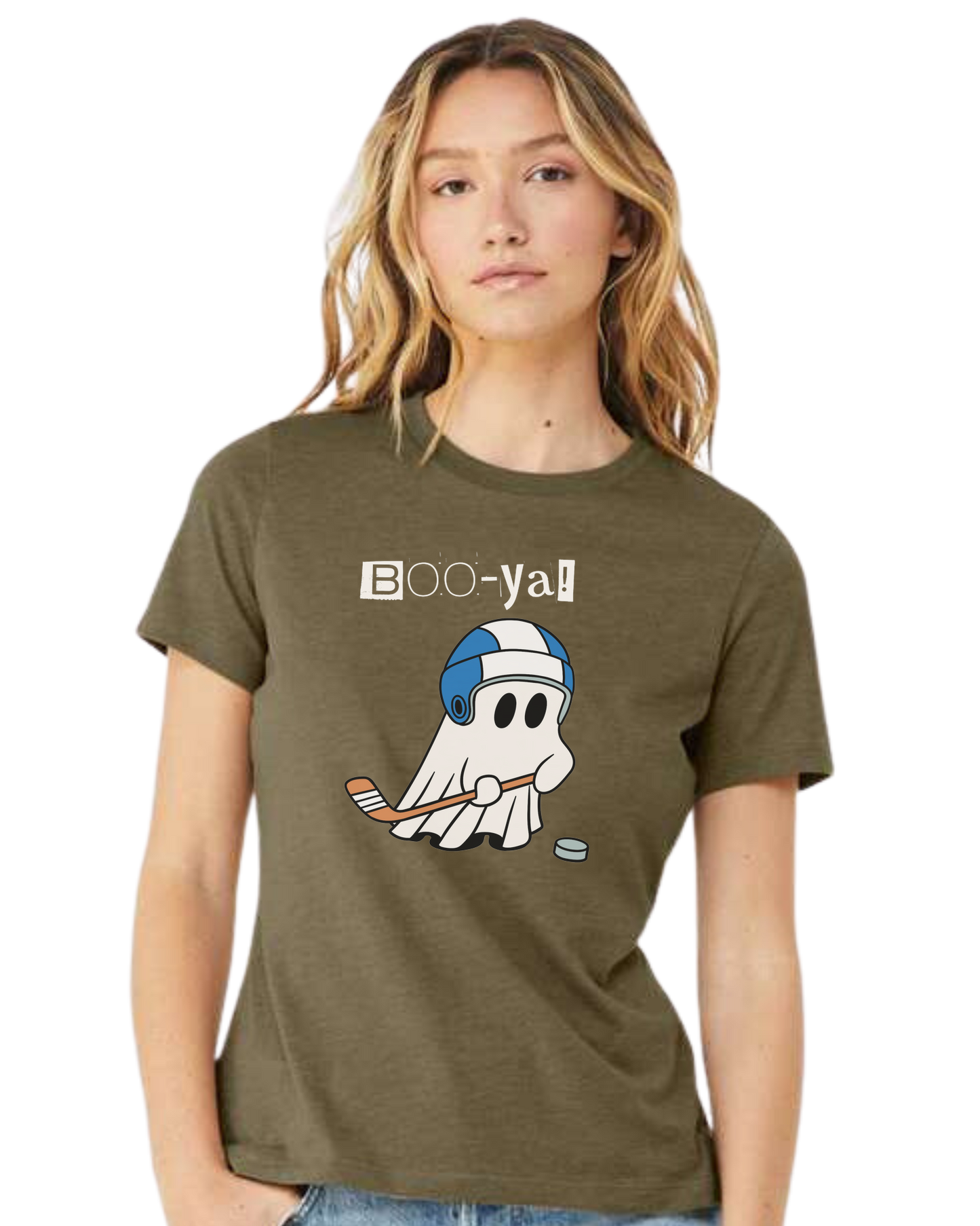 Hockey ghost "Boo-ya" tee Women's fit premium crewneck tee Olive
