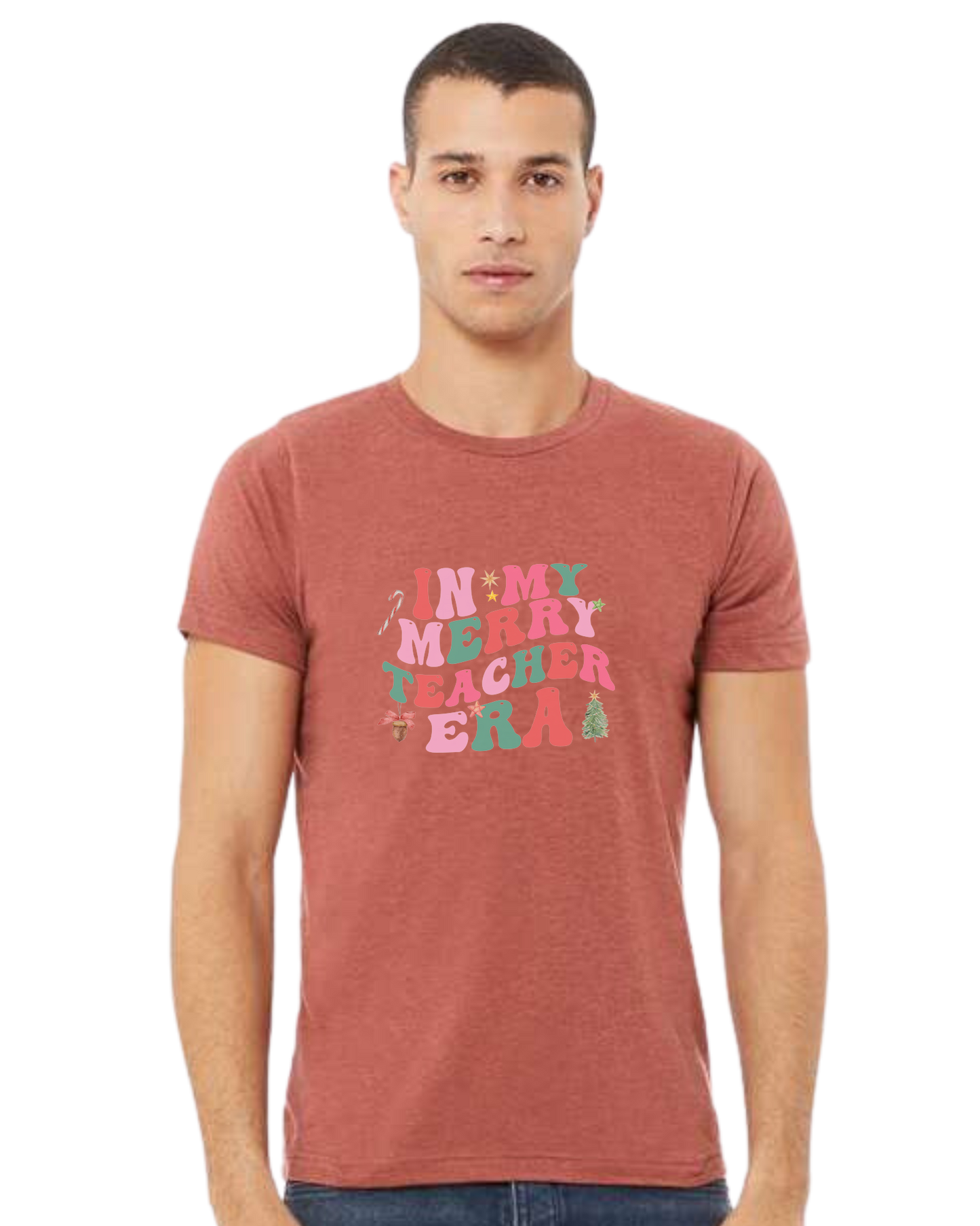 "In my Merry Teacher Era" groovy font design Premium unisex crewneck tee Heather Clay