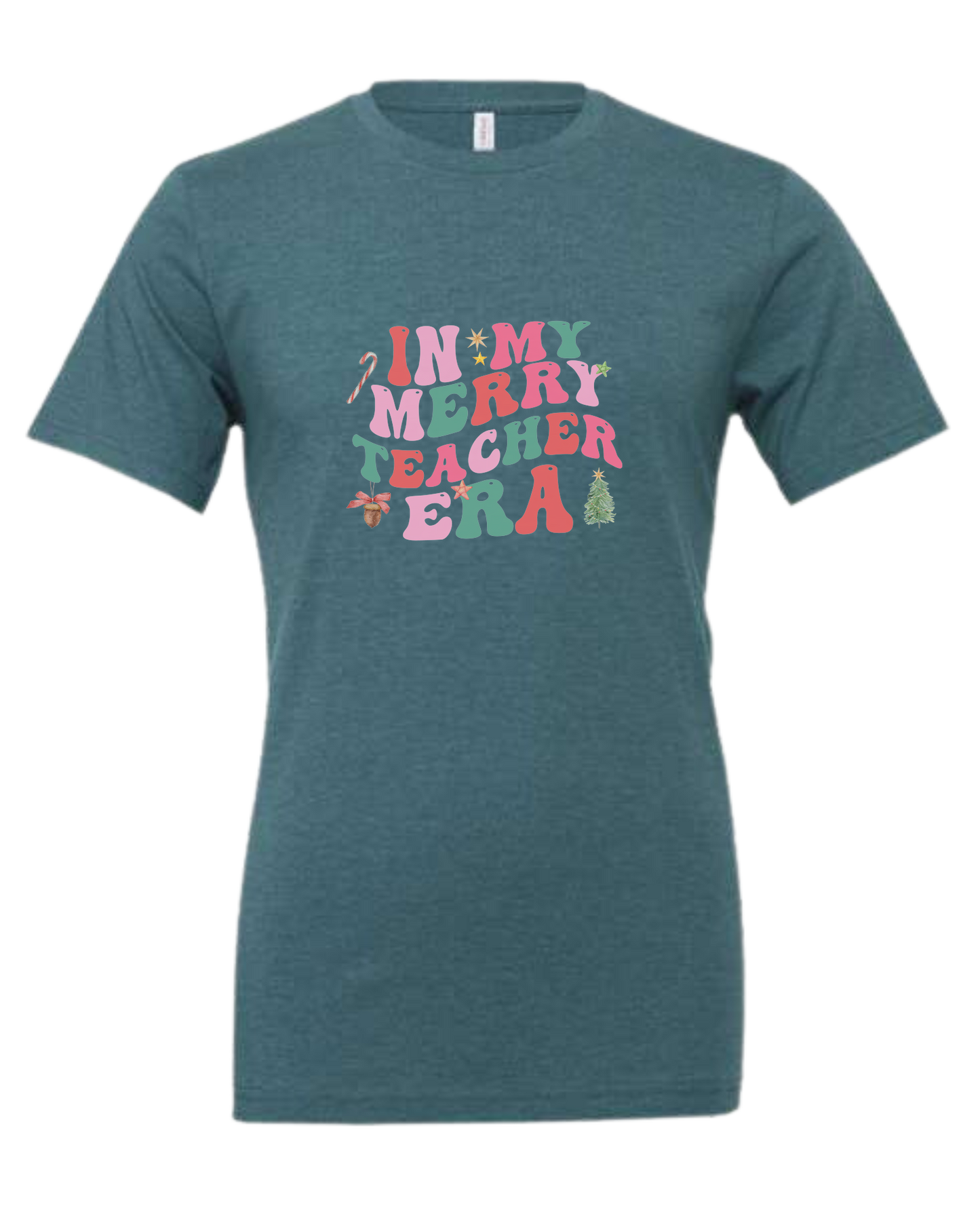"In my Merry Teacher Era" groovy font design Premium unisex crewneck tee Heather Teal