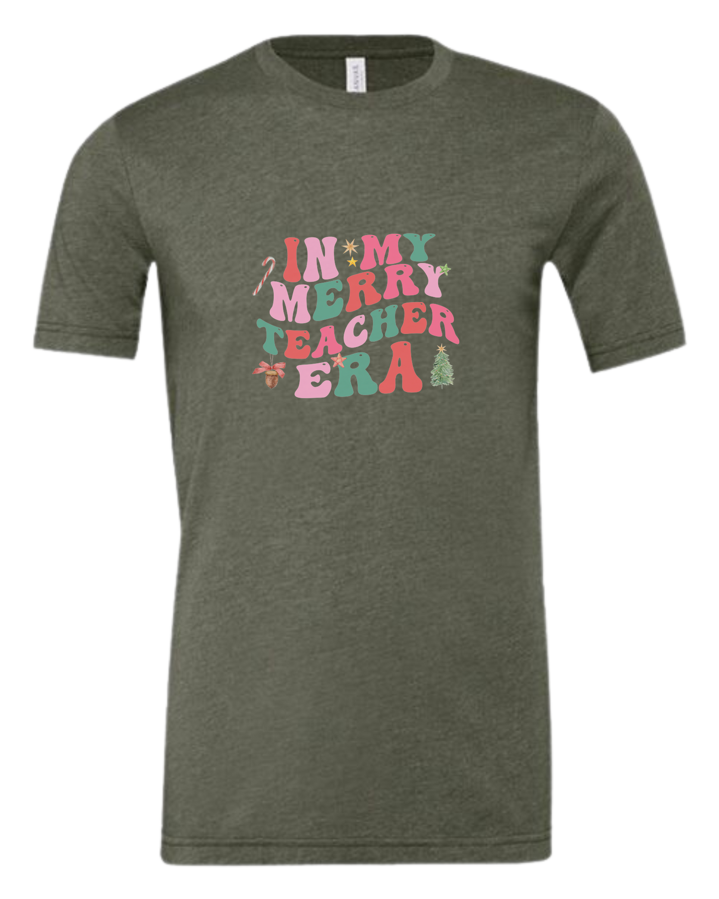 "In my Merry Teacher Era" groovy font design Premium unisex crewneck tee Military Green