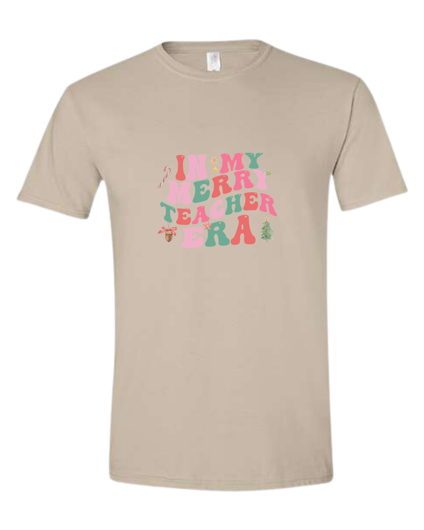 "In my Merry Teacher Era" groovy font design Unisex crewneck graphic tee (light colors) Beige