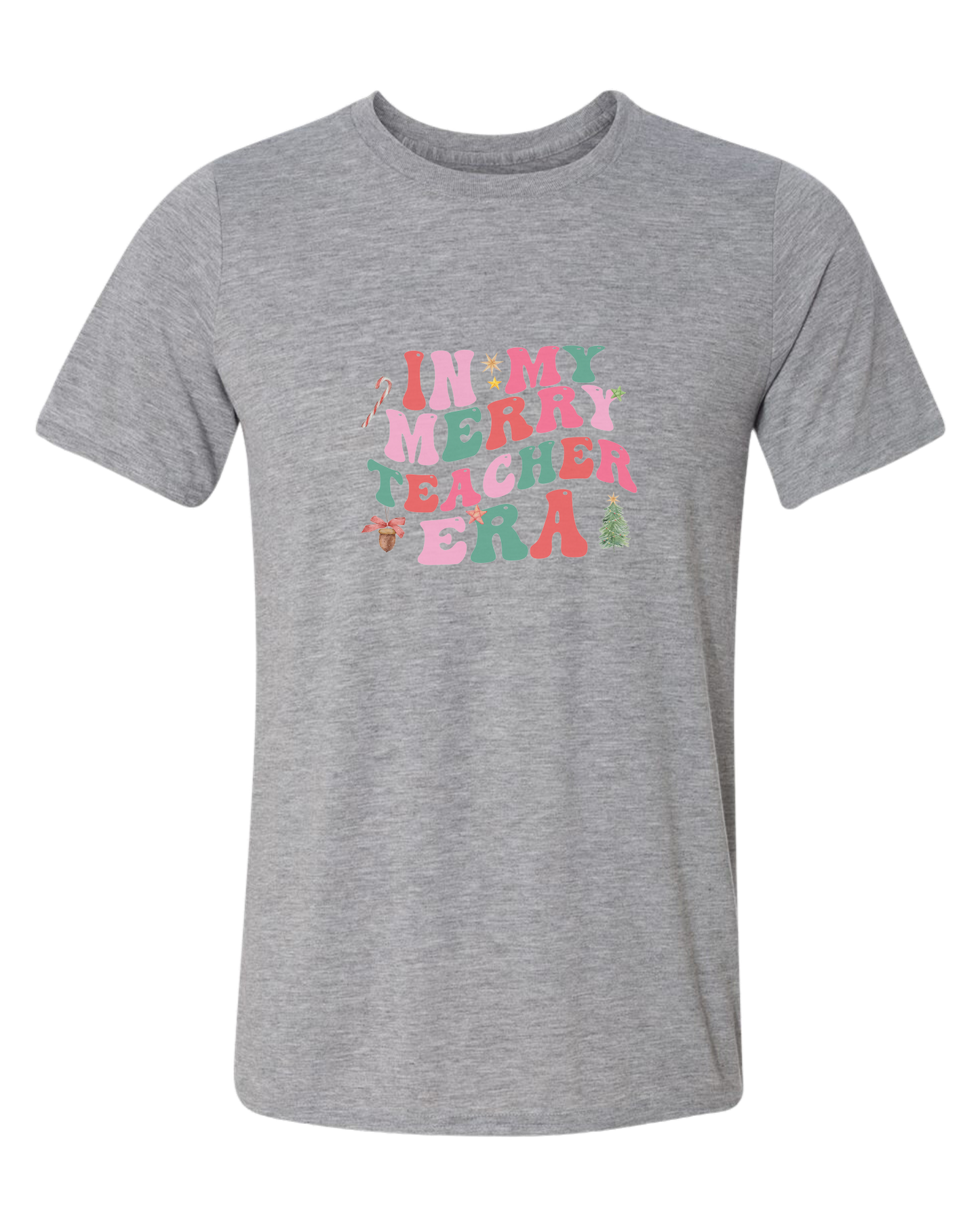 "In my Merry Teacher Era" groovy font design Unisex crewneck graphic tee (light colors) Heather Grey