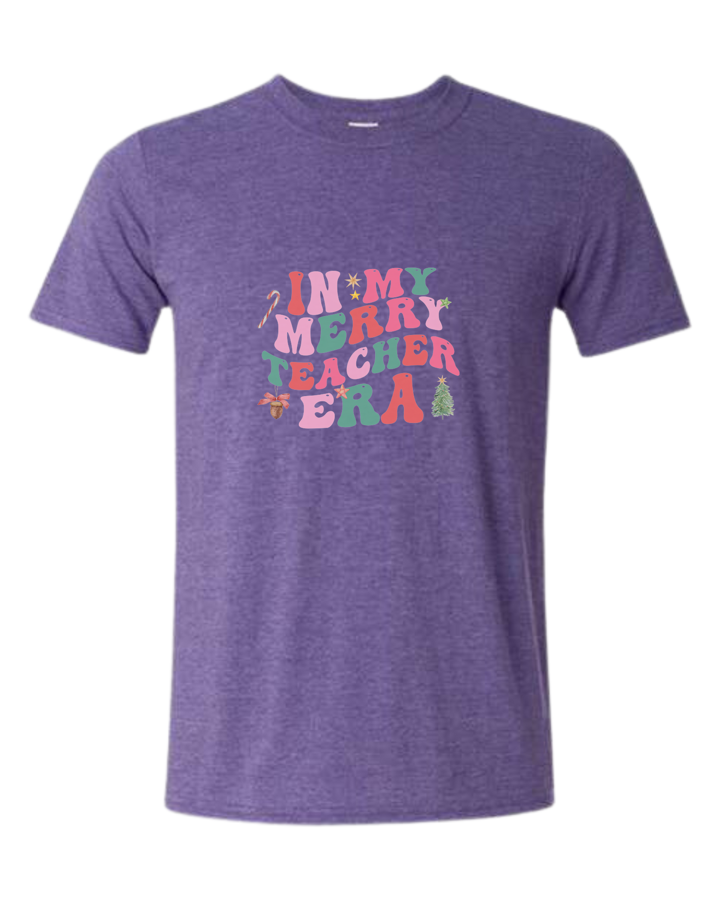 "In my Merry Teacher Era" groovy font design Unisex crewneck graphic tee (light colors) Heather Purple
