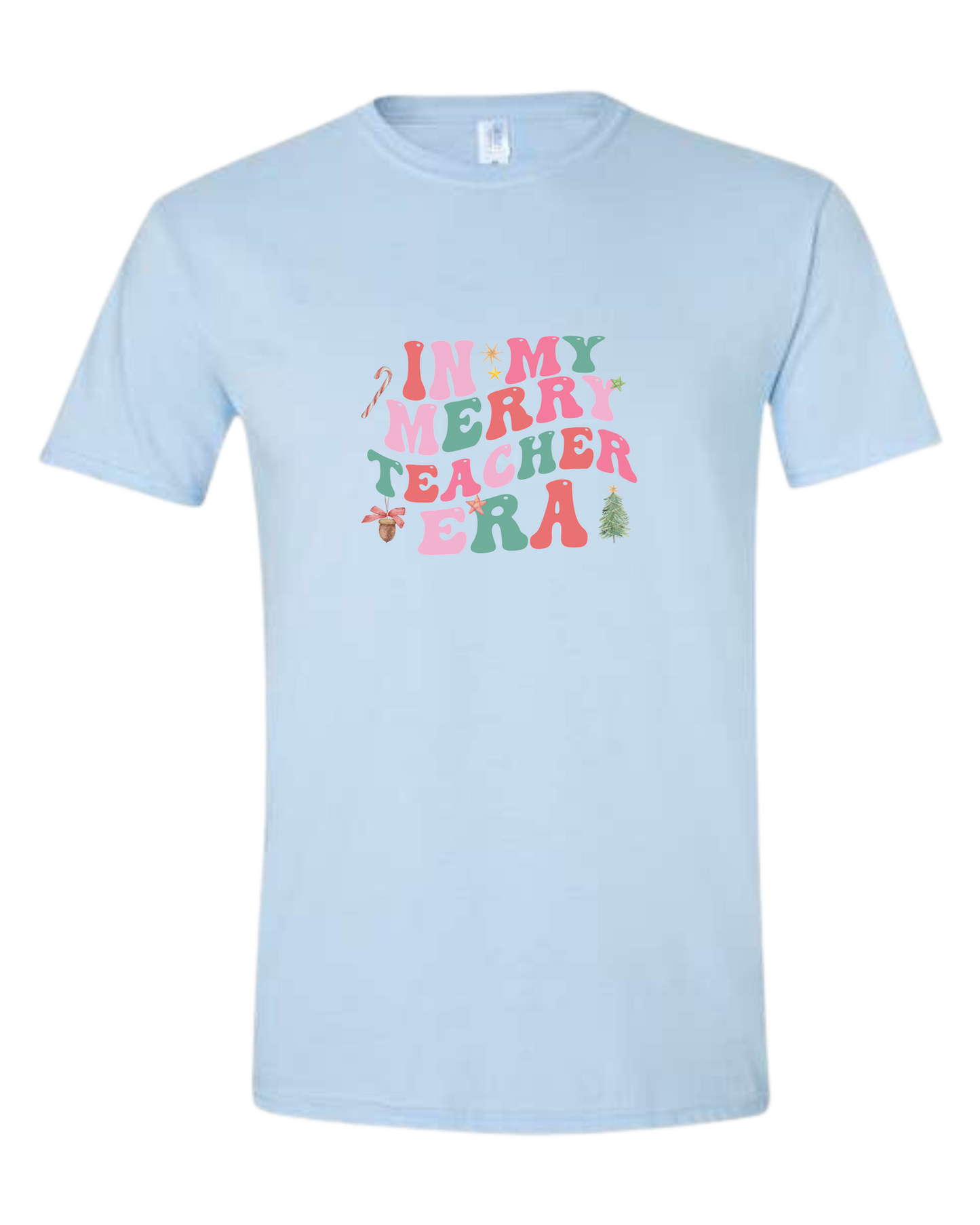"In my Merry Teacher Era" groovy font design Unisex crewneck graphic tee (light colors) Ice blue