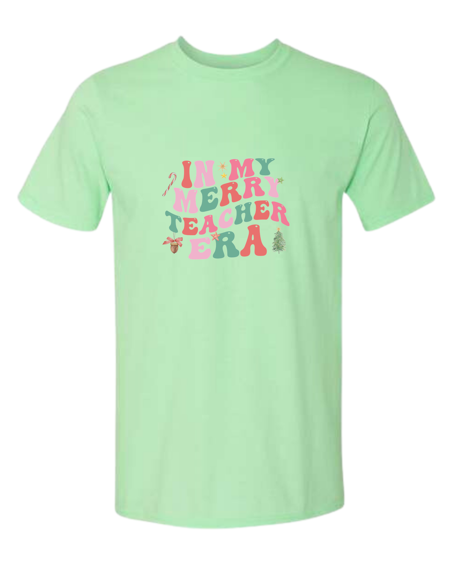 "In my Merry Teacher Era" groovy font design Unisex crewneck graphic tee (light colors) Mint Green