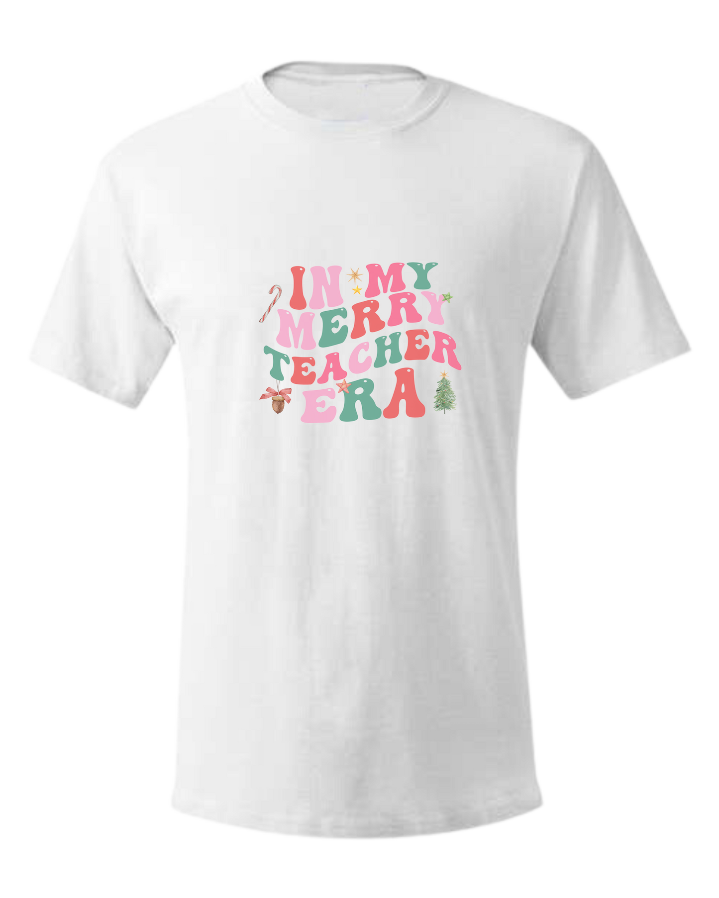 "In my Merry Teacher Era" groovy font design Unisex crewneck graphic tee (light colors) White