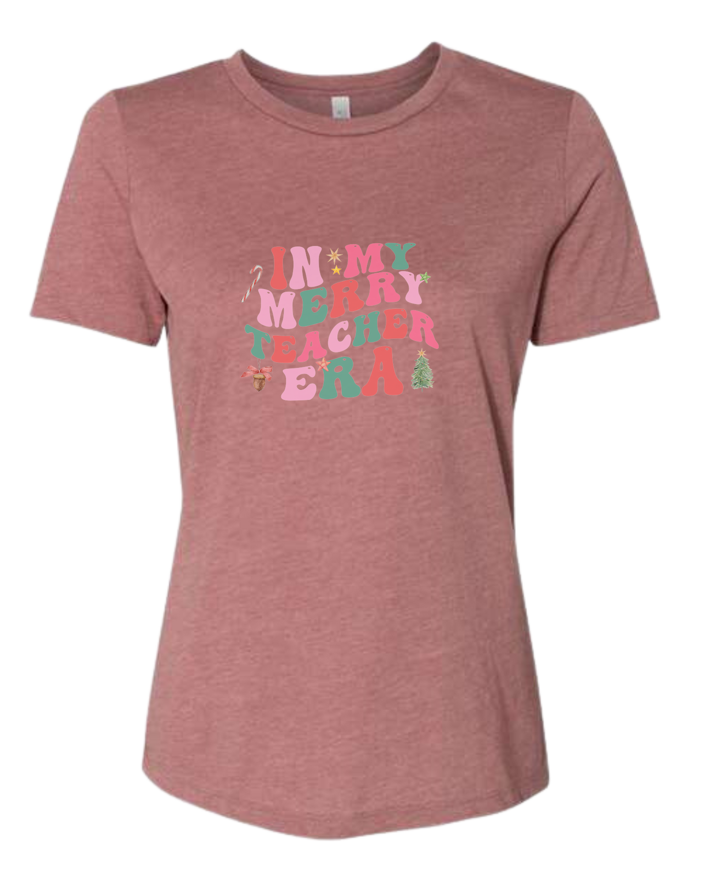 "In my Merry Teacher Era" groovy font design Women's fit premium crewneck tee Mauve Pink