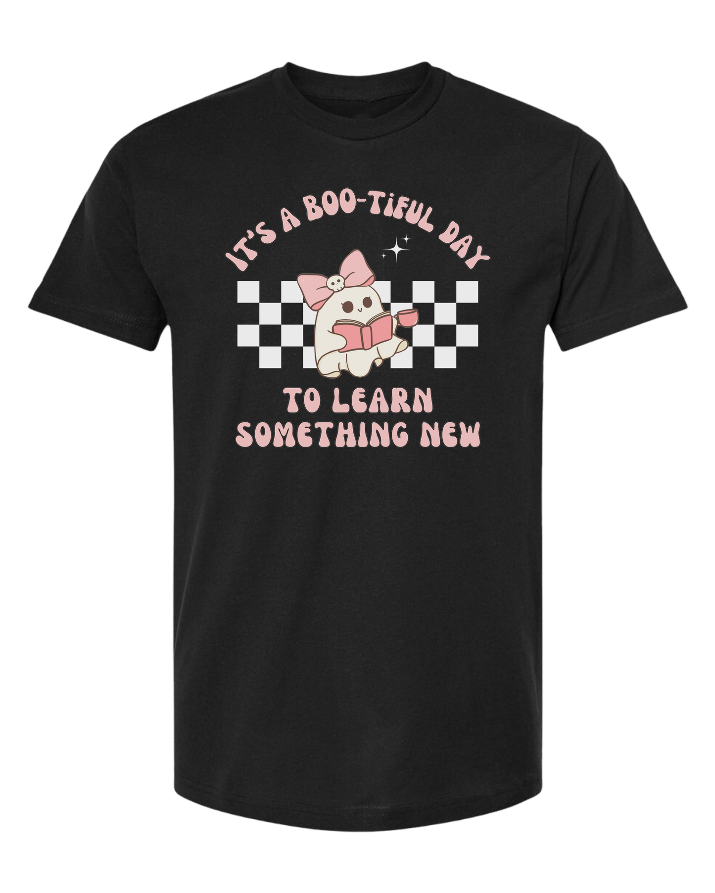"It's a BOO-tiful Day to Learn Something" cute ghost graphic Unisex crew-neck graphic tee Black