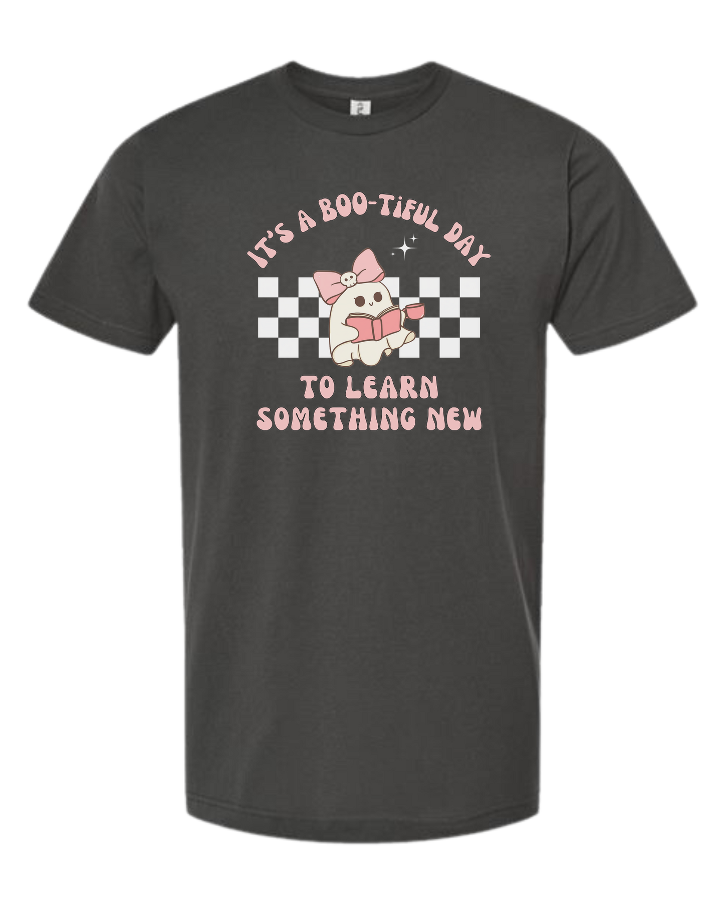 "It's a BOO-tiful Day to Learn Something" cute ghost graphic Unisex crew-neck graphic tee Charcoal Grey