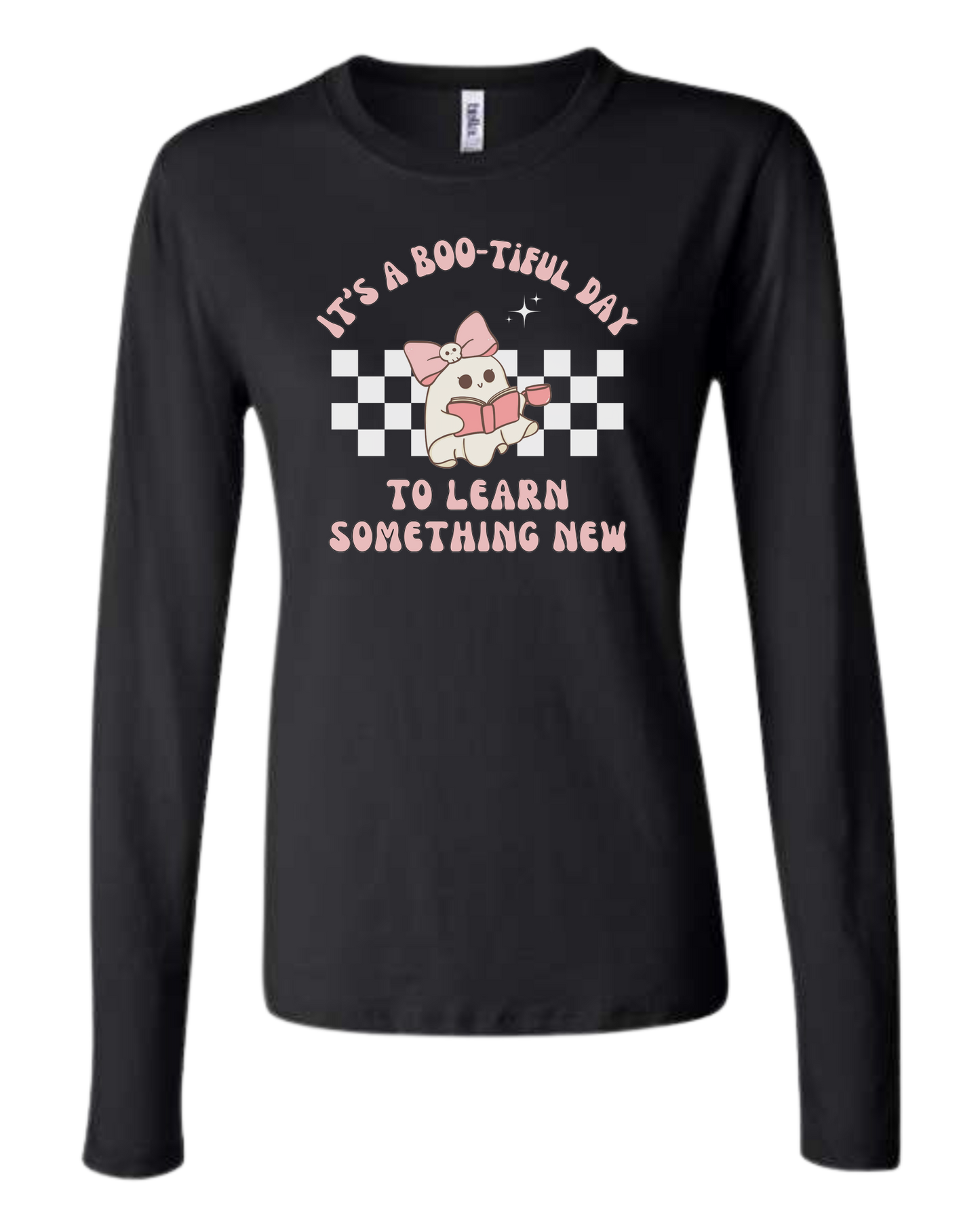 "It's a BOO-tiful Day to Learn Something" cute ghost graphic Women's fit crewneck long sleeve fit Black