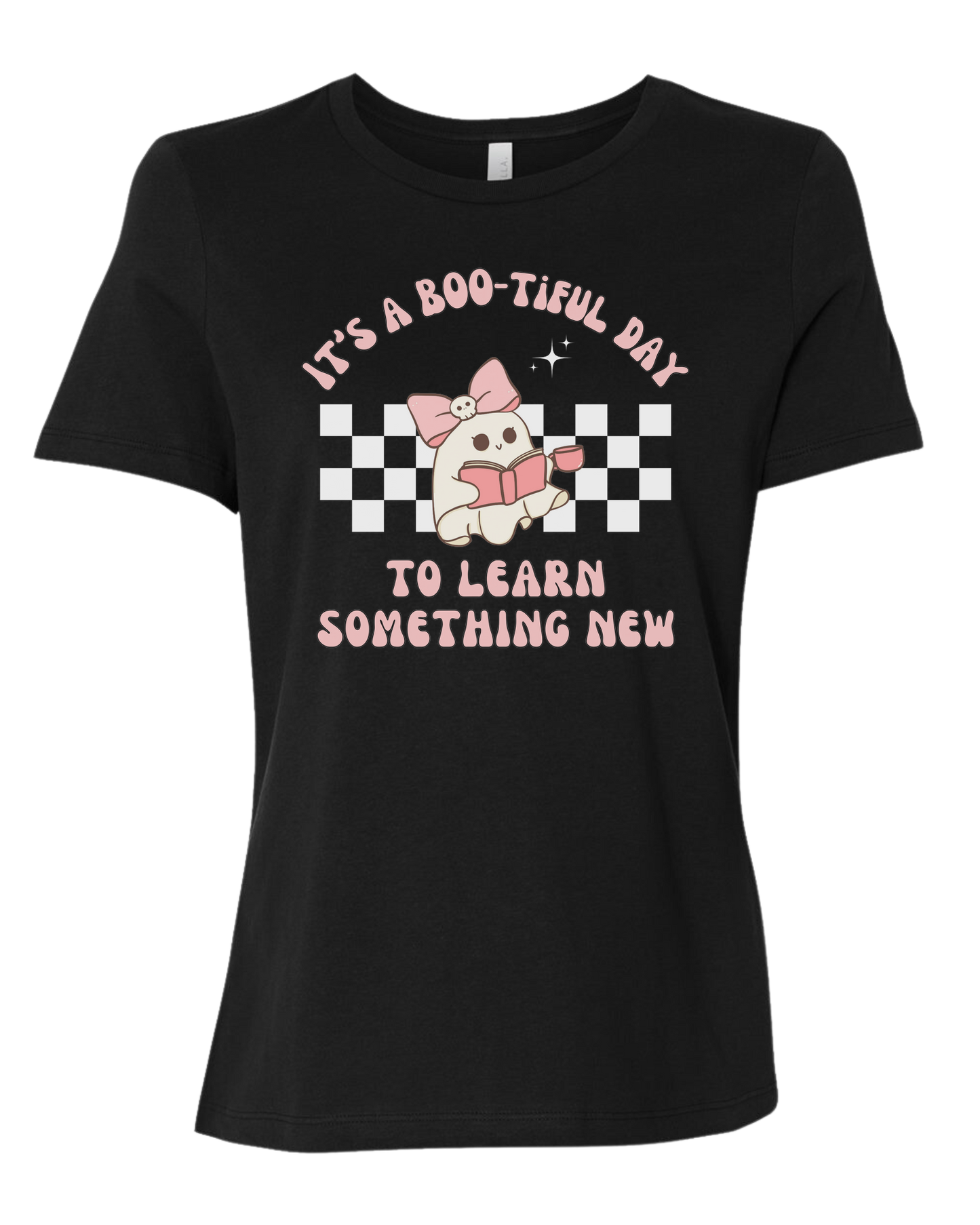 "It's a BOO-tiful Day to Learn Something" cute ghost graphic Women's fit premium crewneck tee Black