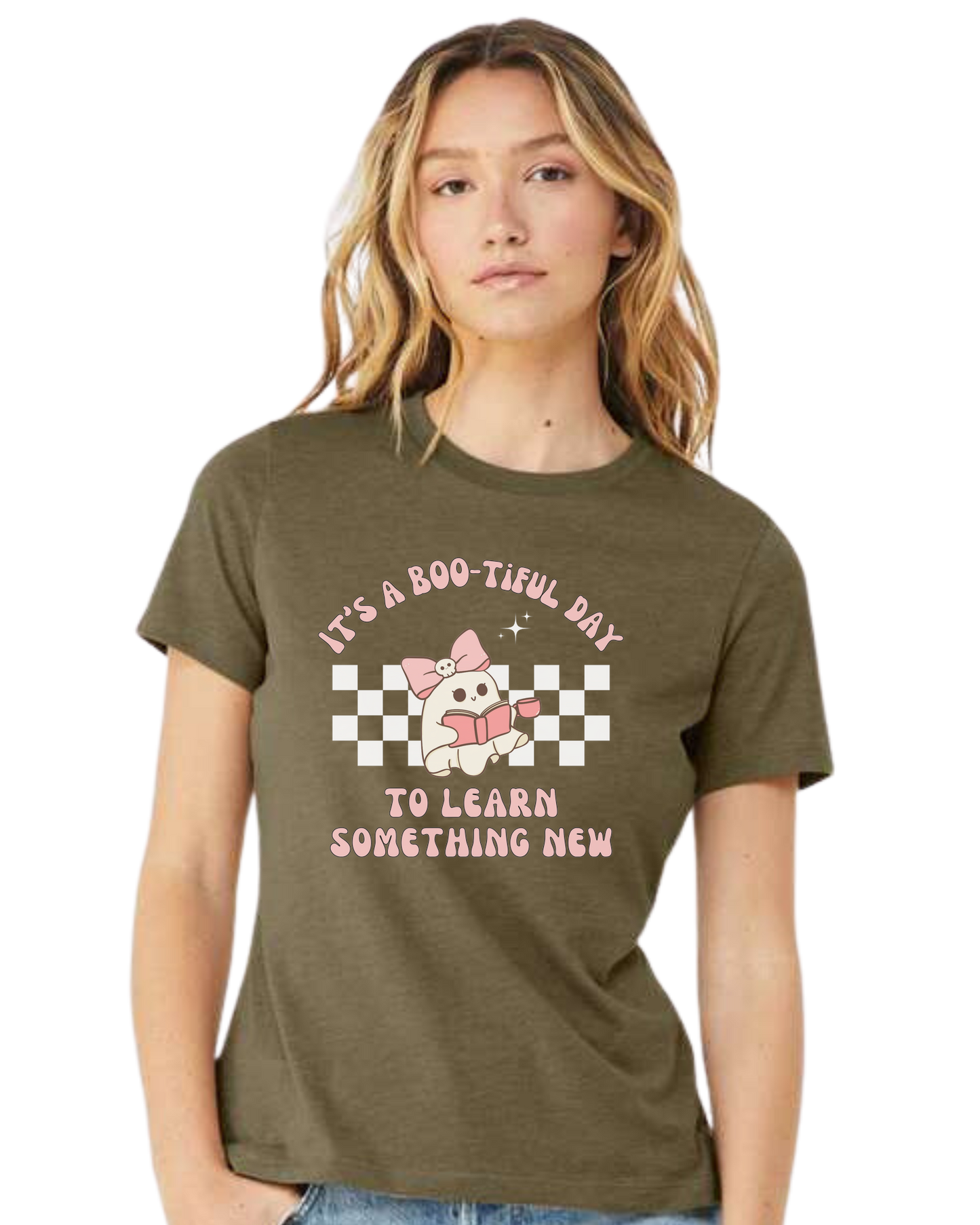 "It's a BOO-tiful Day to Learn Something" cute ghost graphic Women's fit premium crewneck tee Olive