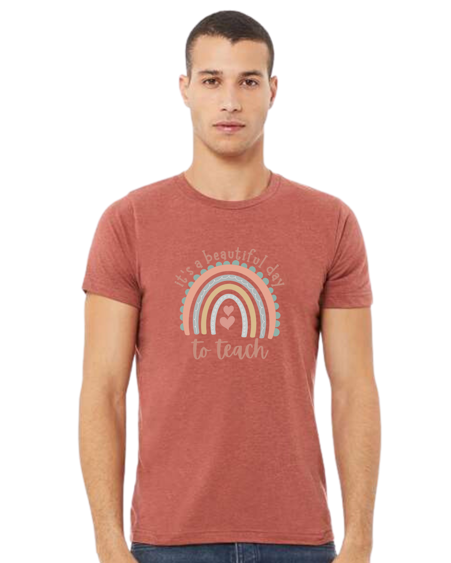"It's a Beautiful Day to Teach" Rainbow graphic Premium unisex crewneck tee Heather Clay