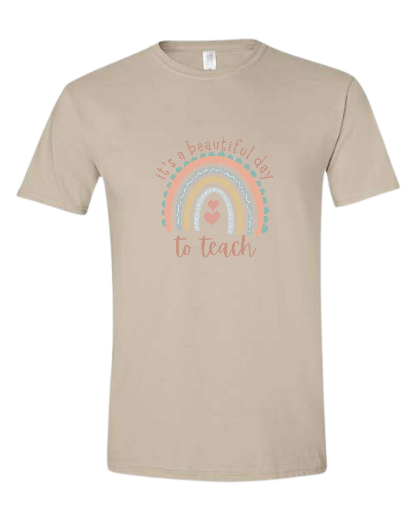 "It's a Beautiful Day to Teach" Rainbow graphic Unisex crewneck graphic tee (light colors) Beige