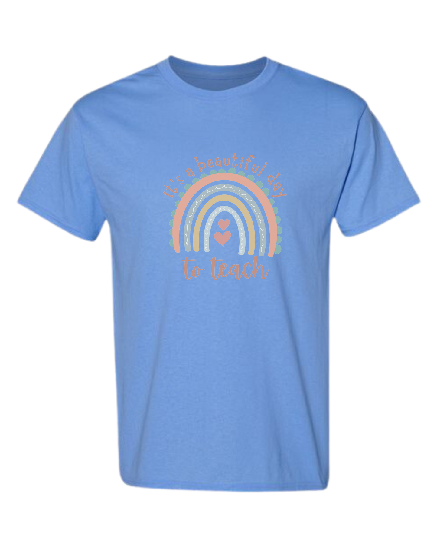"It's a Beautiful Day to Teach" Rainbow graphic Unisex crewneck graphic tee (light colors) Caroline Blue