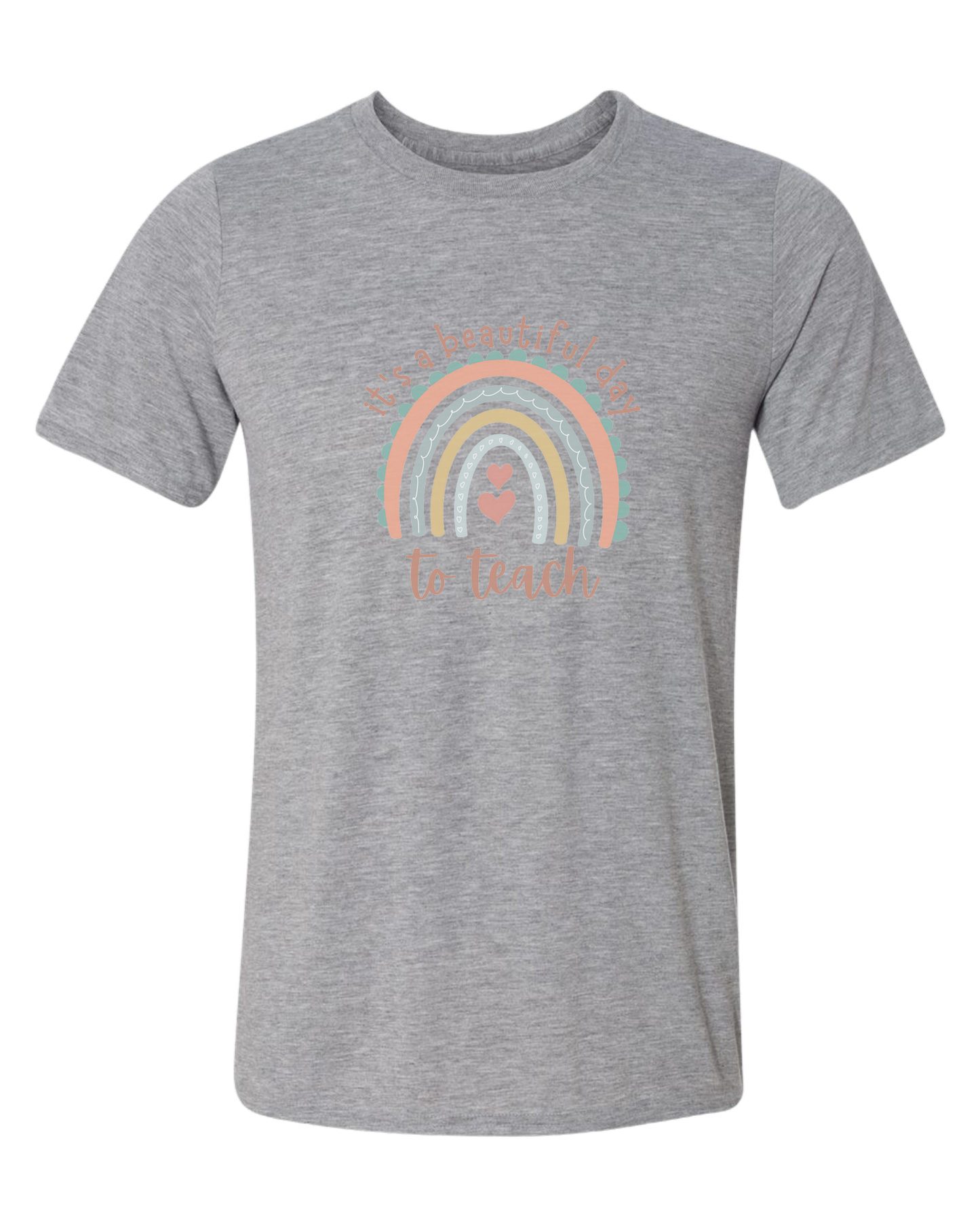 "It's a Beautiful Day to Teach" Rainbow graphic Unisex crewneck graphic tee (light colors) Heather Grey