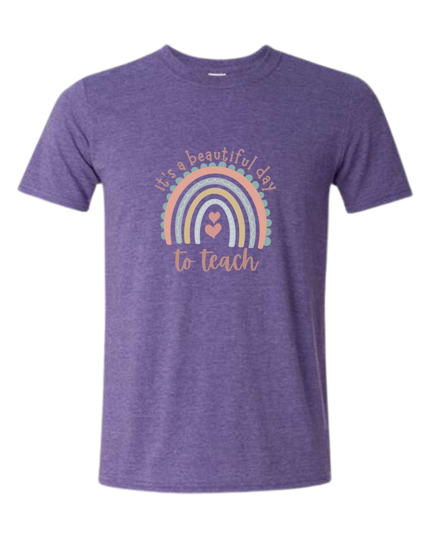 "It's a Beautiful Day to Teach" Rainbow graphic Unisex crewneck graphic tee (light colors) Heather Purple