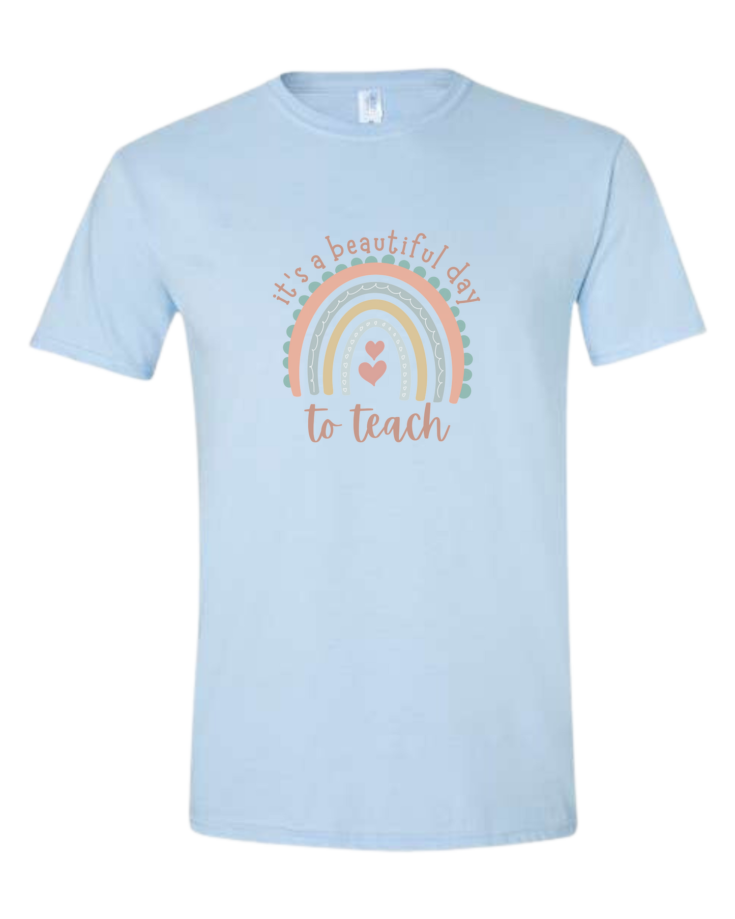 "It's a Beautiful Day to Teach" Rainbow graphic Unisex crewneck graphic tee (light colors) Ice blue