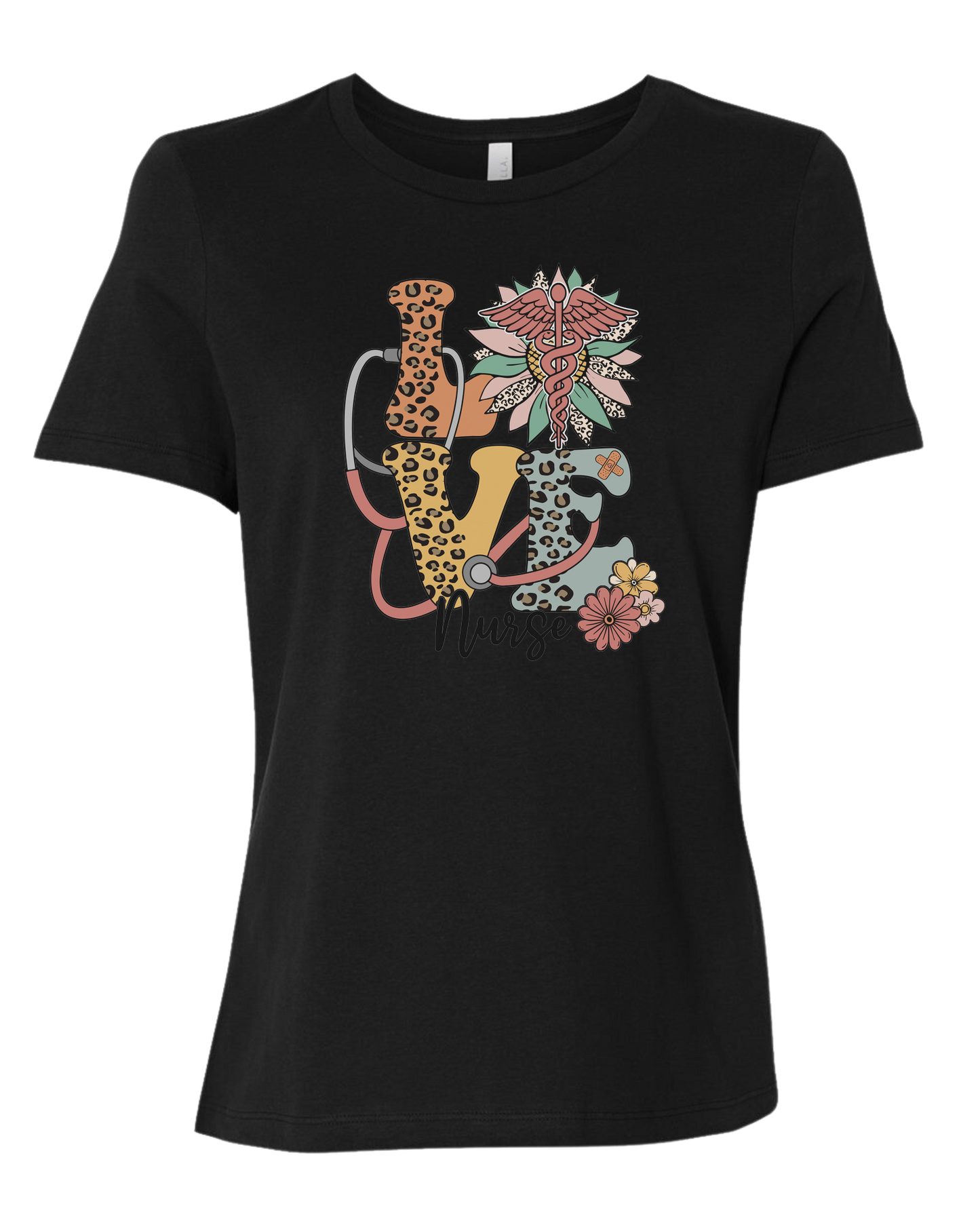 "LOVE" with stethoscope and medical symbol graphic Women's fit premium crewneck tee Black