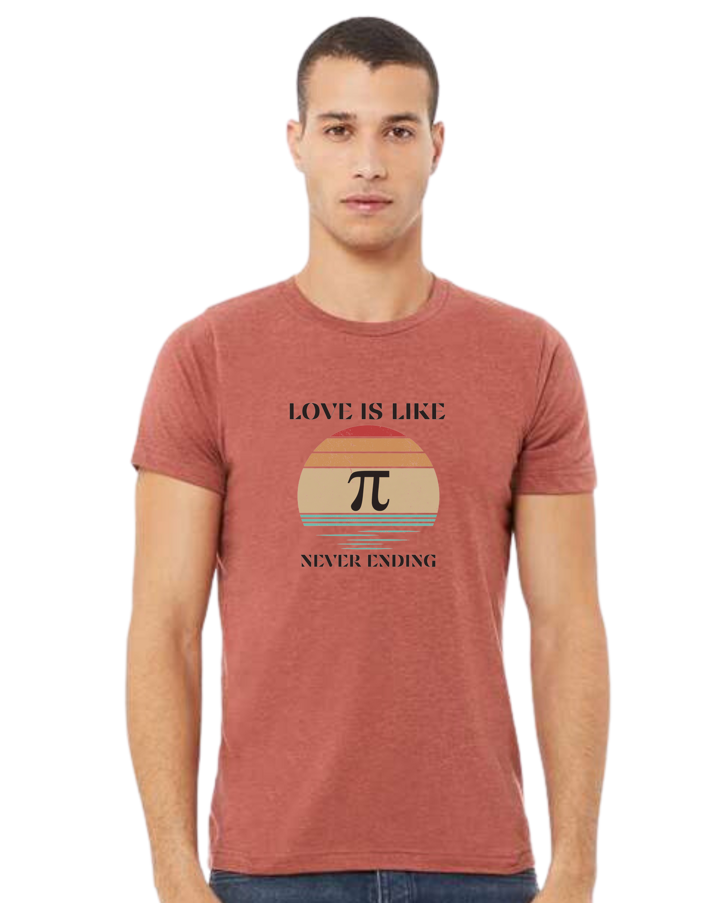 "LOVE is like PI, never ending" design Premium unisex crewneck tee Heather Clay