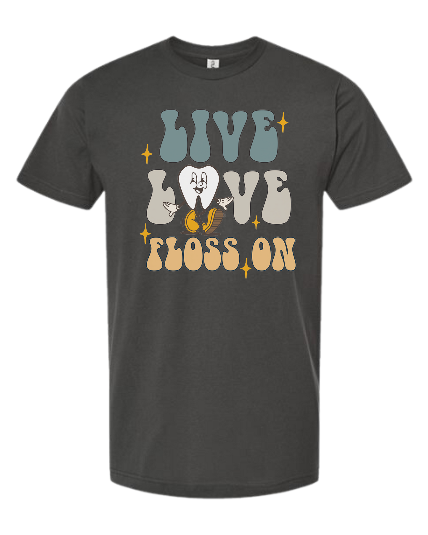 "Live, Love, Floss On" groovy text with cute tooth character Unisex crew-neck graphic tee Charcoal Grey