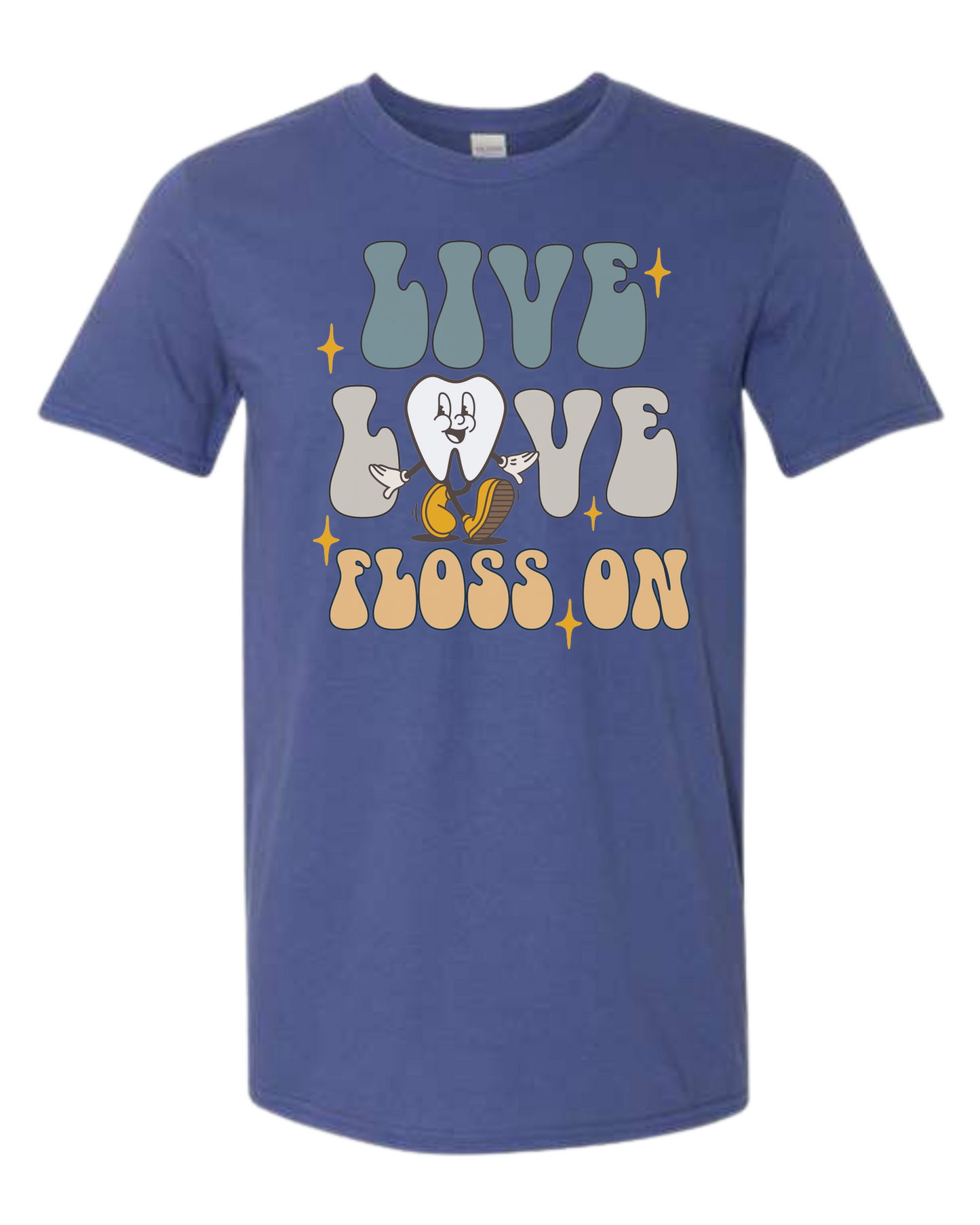 "Live, Love, Floss On" groovy text with cute tooth character Unisex crew-neck graphic tee Metro Blue