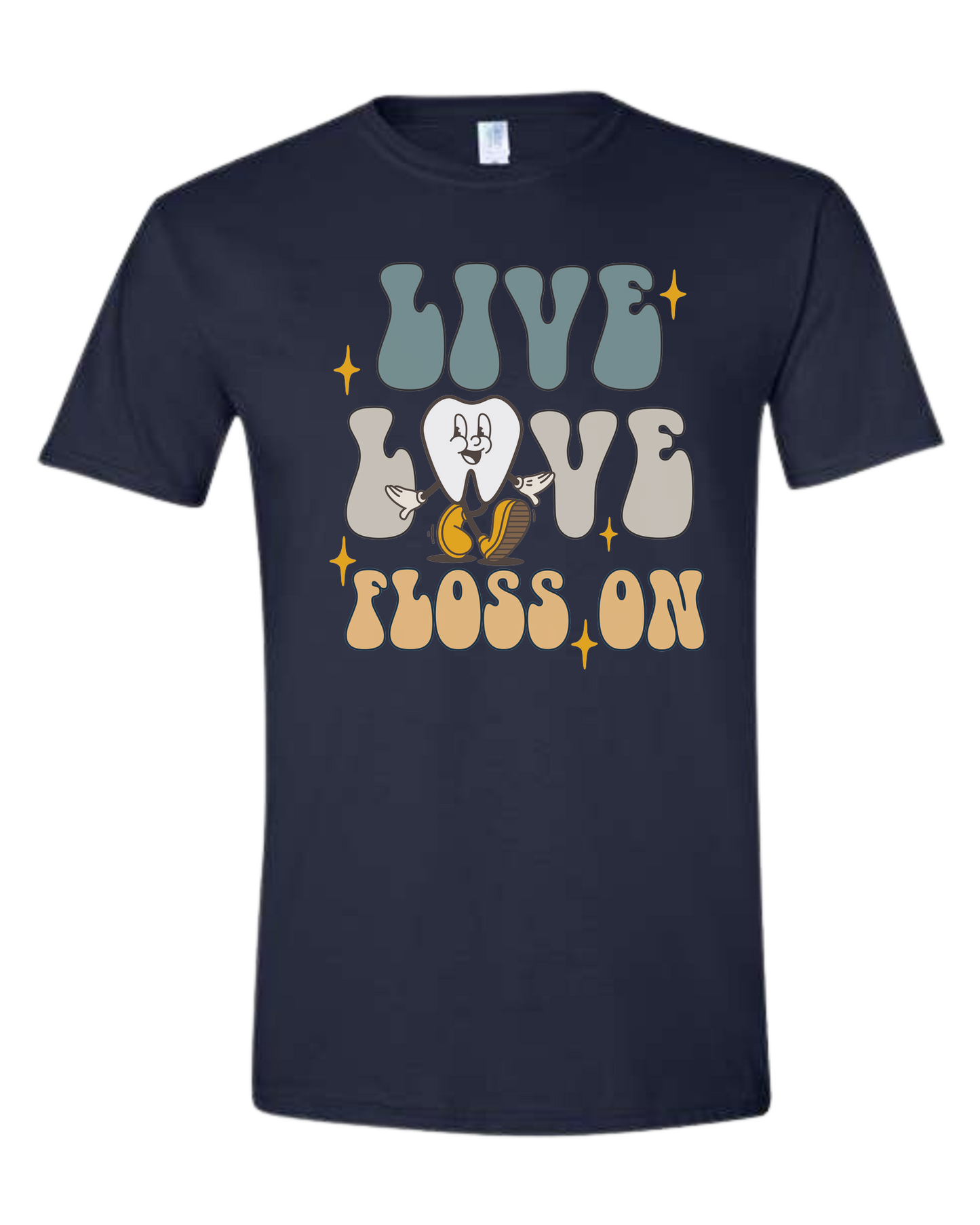 "Live, Love, Floss On" groovy text with cute tooth character Unisex crew-neck graphic tee Navy Blue