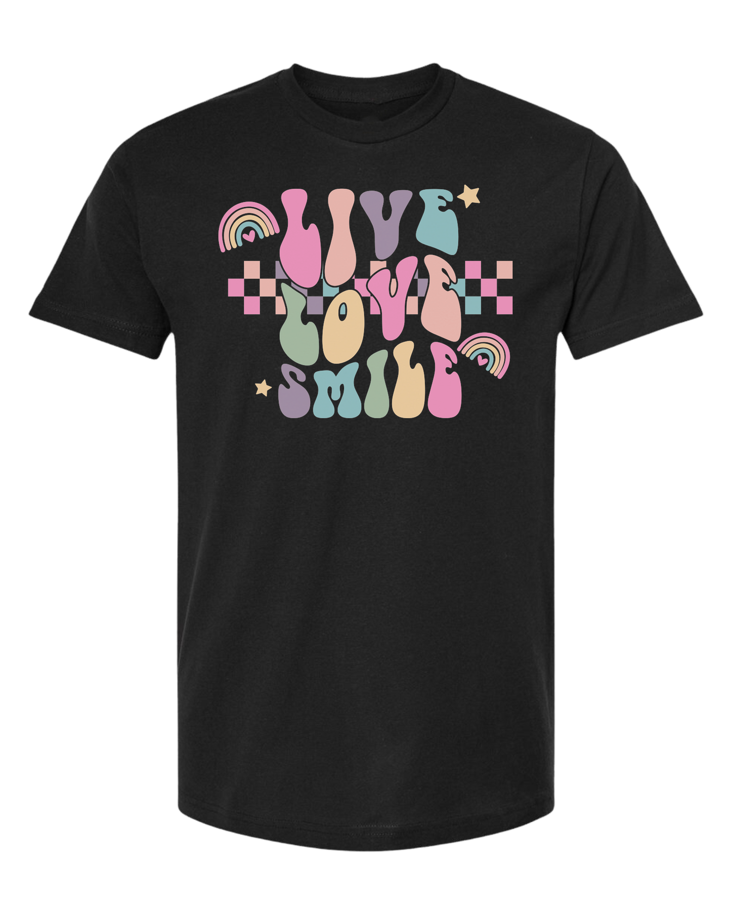 "Live, Love, Smile" multicolored groovy font design Unisex crew-neck graphic tee Black
