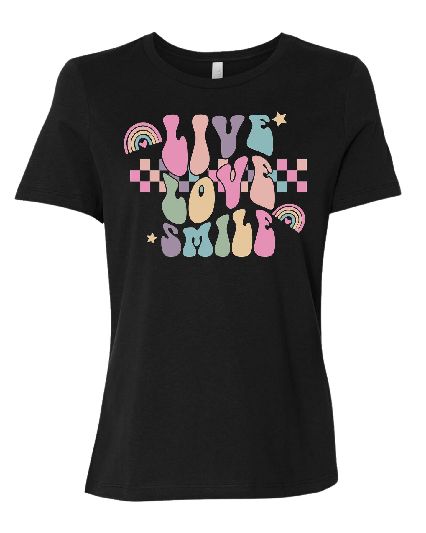 "Live, Love, Smile" multicolored groovy font design Women's fit premium crewneck tee Black