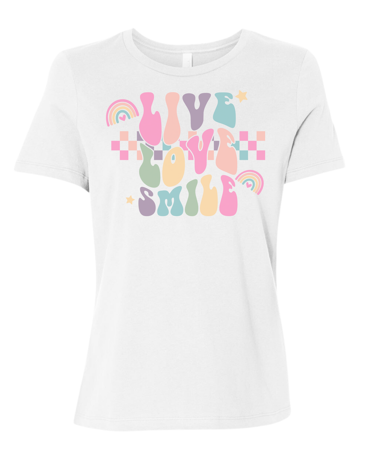 "Live, Love, Smile" multicolored groovy font design Women's fit premium crewneck tee White