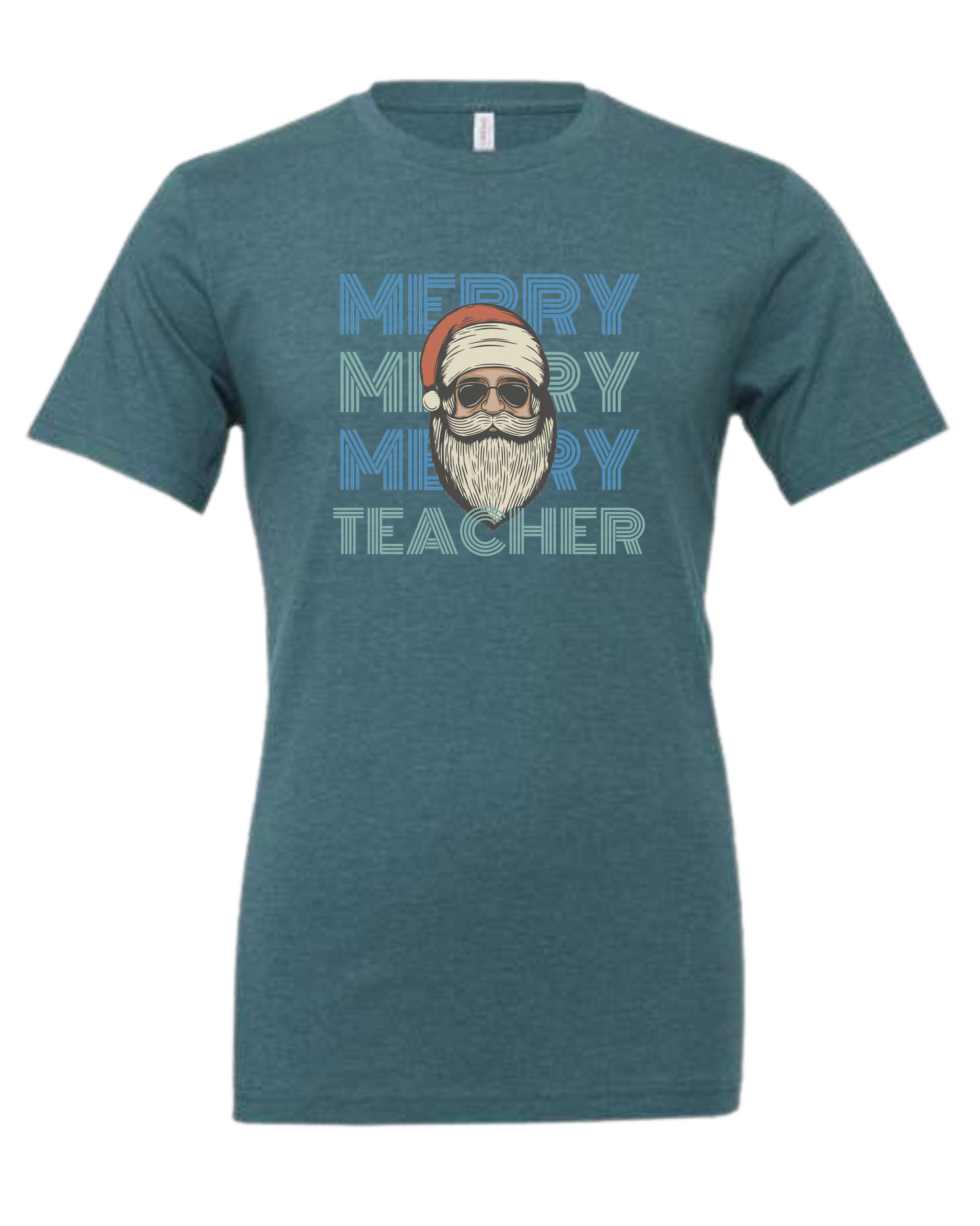 "MERRY, MERRY, MERRY, TEACHER" cool Santa design Premium unisex crewneck tee Heather Teal