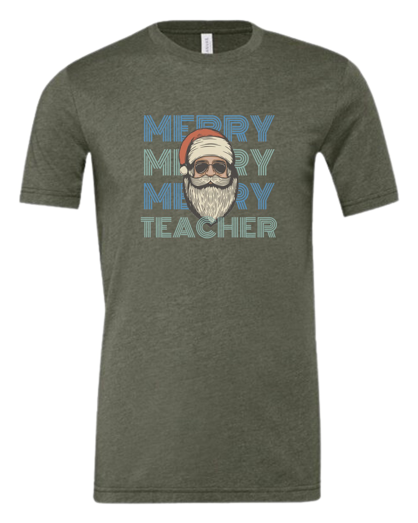 "MERRY, MERRY, MERRY, TEACHER" cool Santa design Premium unisex crewneck tee Military Green