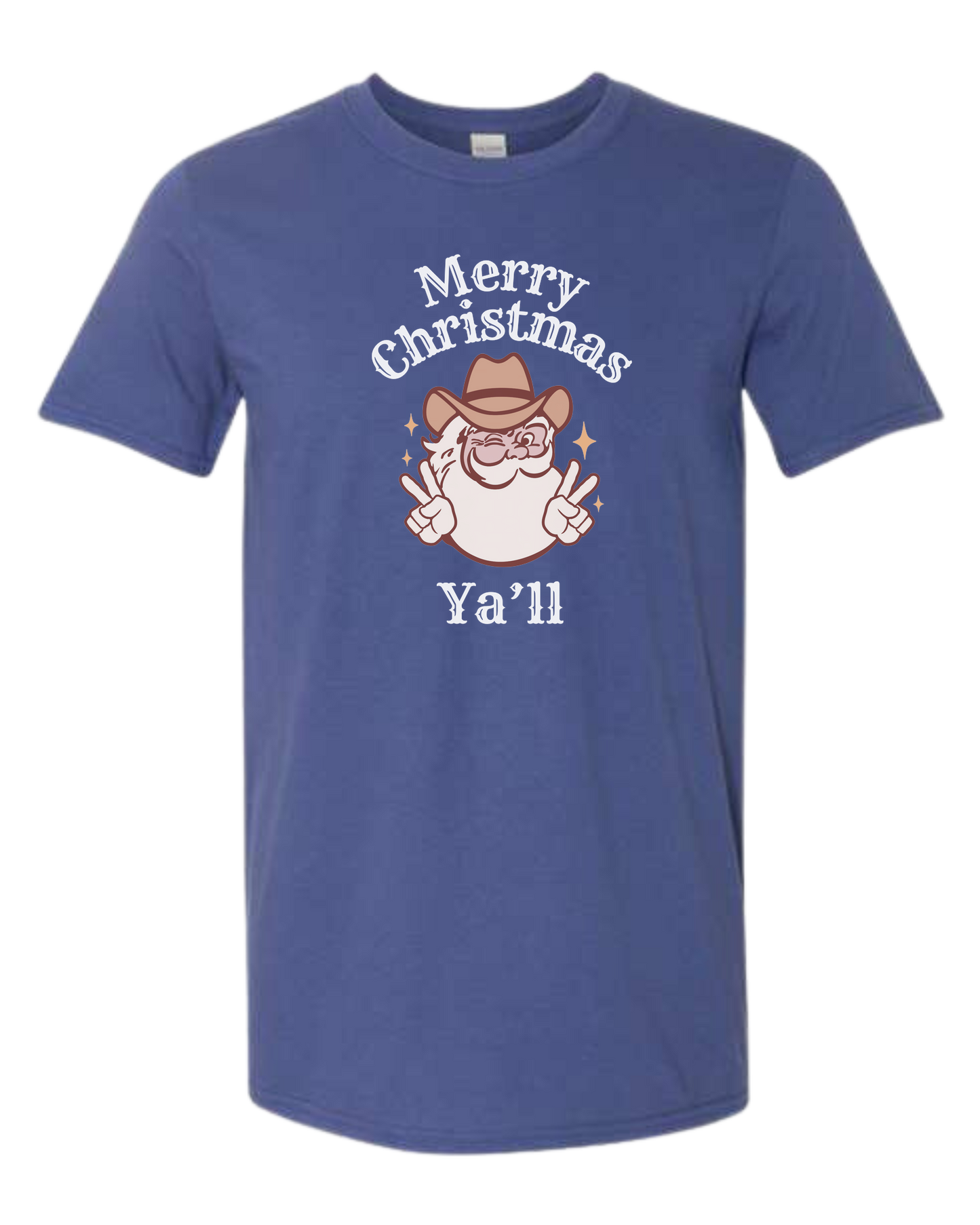 Merry Christmas Ya'll Cowboy Santa design Unisex crew-neck graphic tee Metro Blue